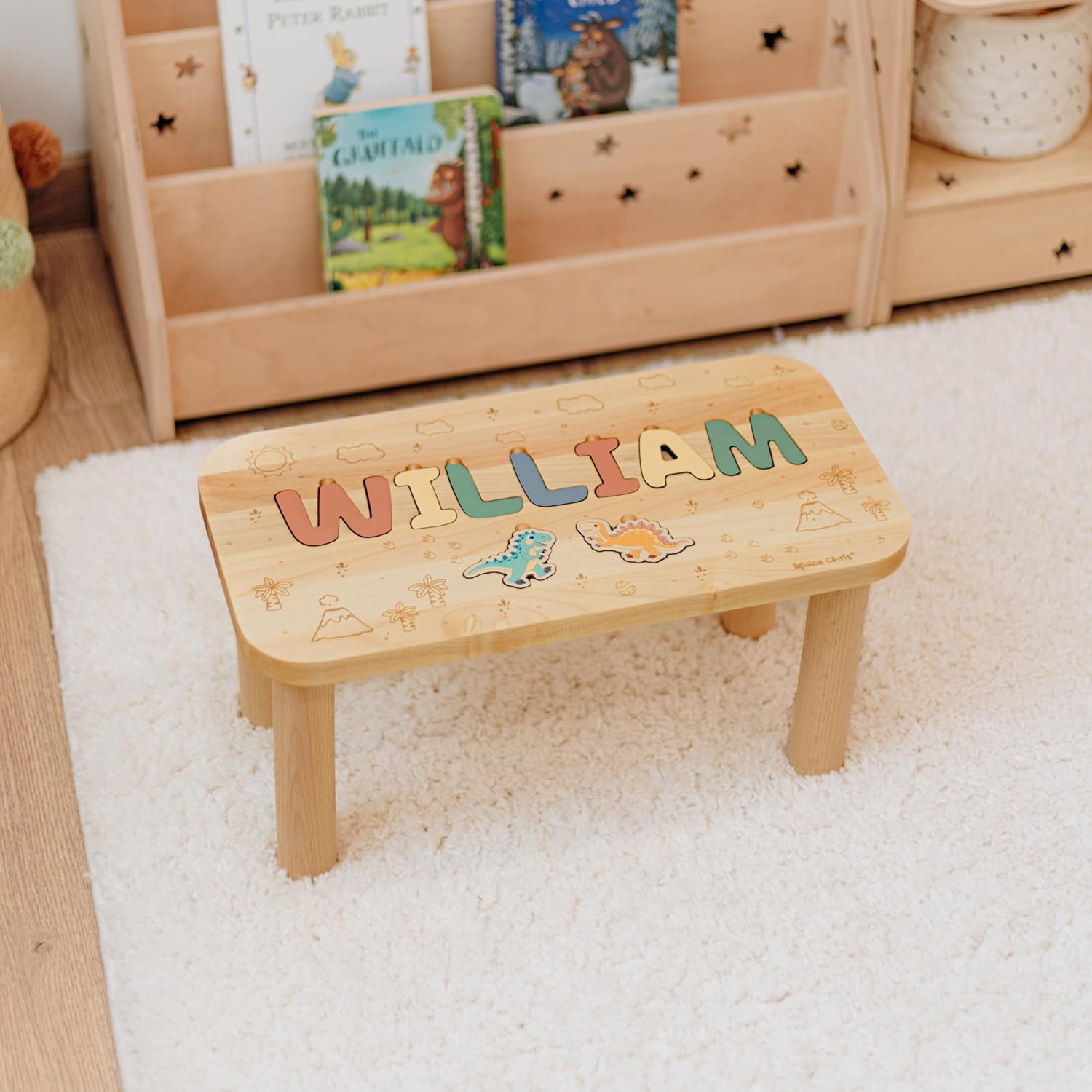Wooden Stool Custom Name Puzzle Personalized Dinosaurs 1st Birthday Gift for Kids First for Toddlers Baptism Boy Gift