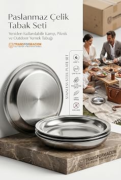 Transformacion 4'lü Paslanmaz Çelik Tabak Seti 21 cm, Kırılmaz, Hafif, Yeniden Kullanılabilir Kamp, Piknik ve Outdoor Yemek Tabağı 719554