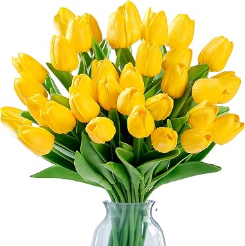 Sggvecsy 15 Pcs Fake Tulips Artificial Flowers Real Touch PU Faux Flowers Tulip Stems for Wedding Spring Bouquet Floral Arrangement Home Party Office Decorations for Mothers Day Dark Yellow