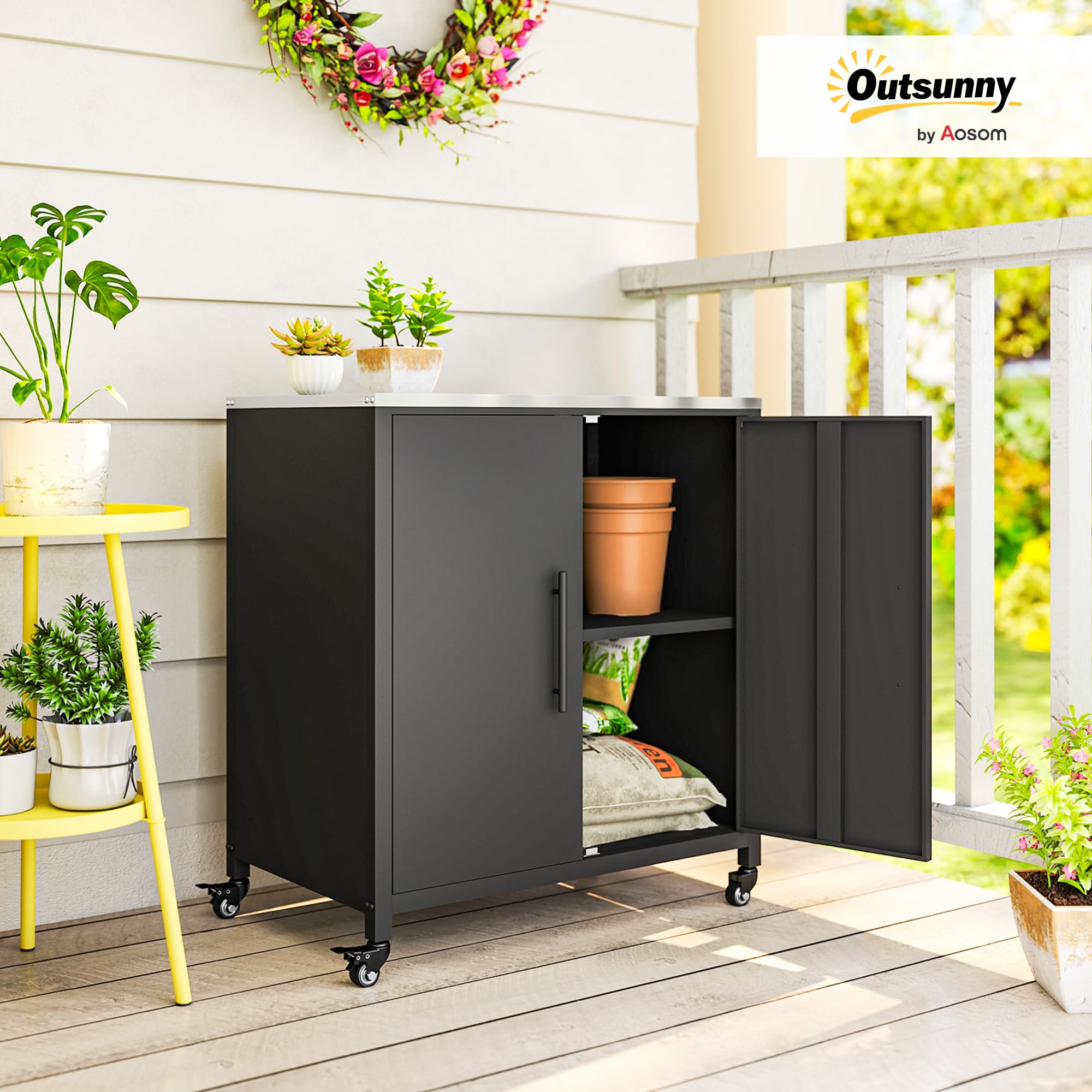 Outsunny Armoire de Jardin en Métal Extérieur, Armoire de Rangement de Jardin avec Toit en Acier Inoxydable et roulettes, Portes Magnétique et Étagère Amovible, 80 x 50 x 90 cm, Noir - 2