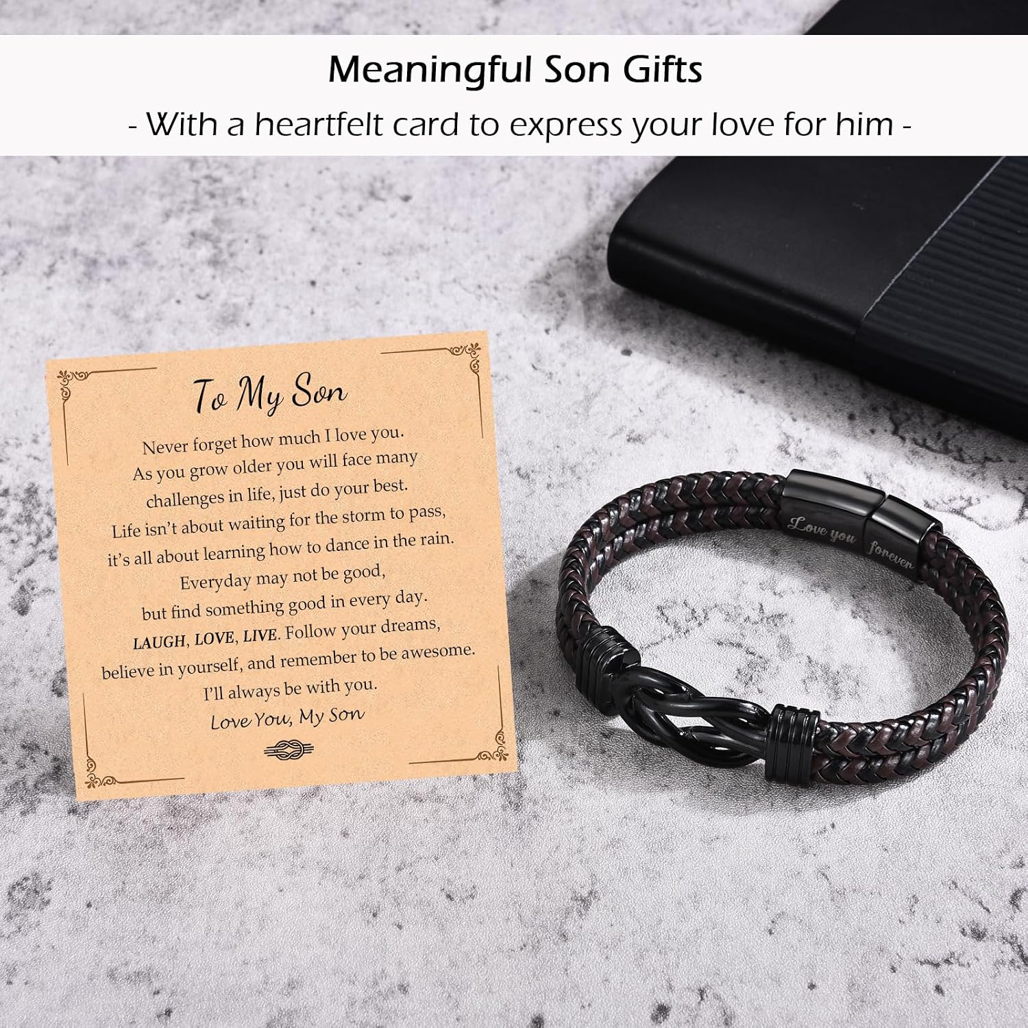 Gifts for Son, Infinity Knot Brown Braided Leather Stainless Steel Son Bracelet Gifts for Birthday Graduation Christmas