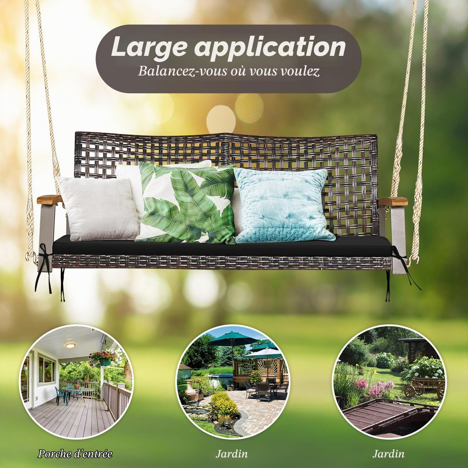 LIFEZEAL Balançoire de Jardin Extérieure 2 Places, Balancelle Suspendue avec Coussin et Cordes, Dossier en Rotin PE & Accoudoirs en Bois, Charge 360 kg, Balcon, Terrasse, Porche (Noir)