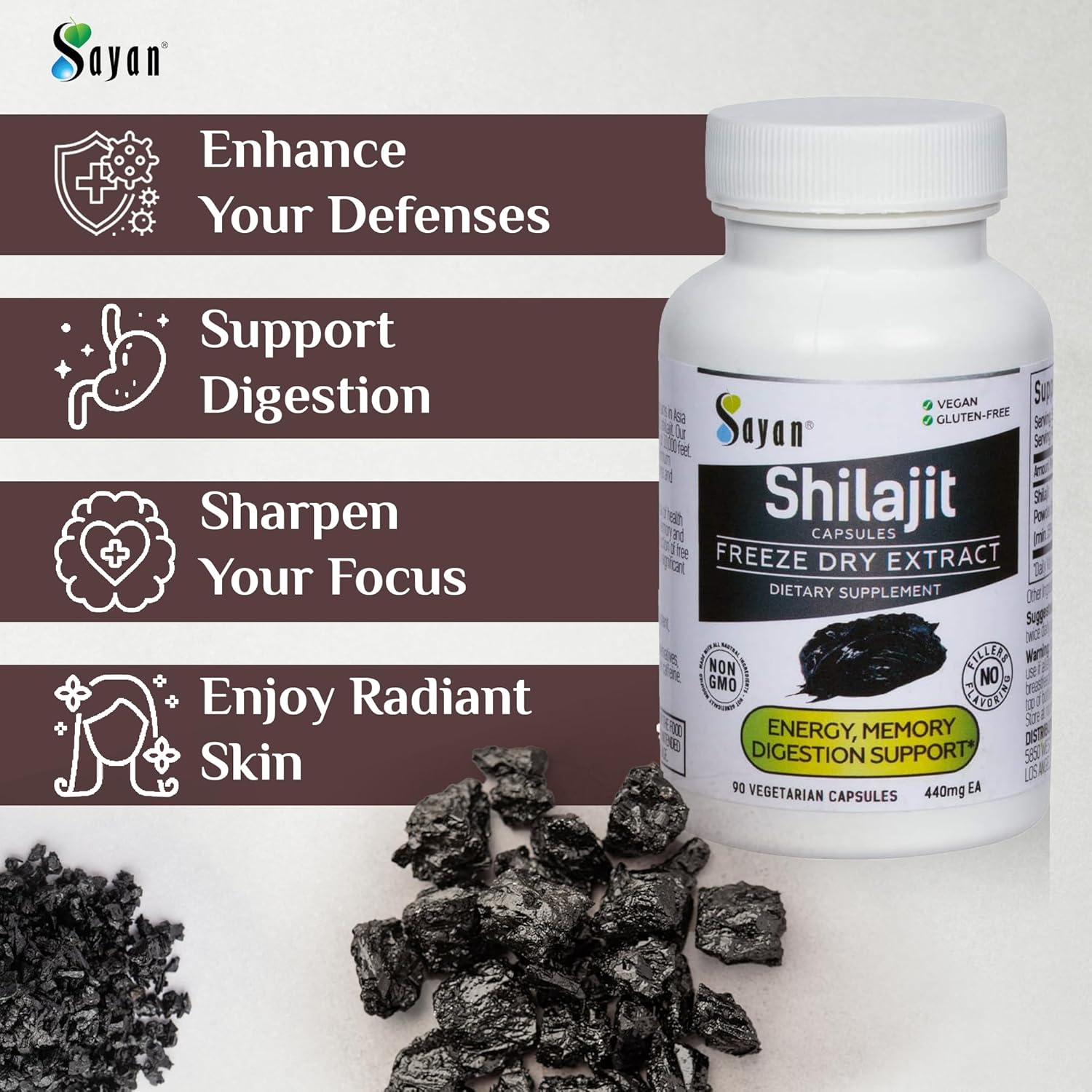 Sayan Shilajit 90 Capsules/440mg ea.– Organic Supplement with High Fulvic Acid Content to Support Your Immune System, Bolster Energy, and Naturally Cleanse – Non-GMO, No Fillers - Image 7