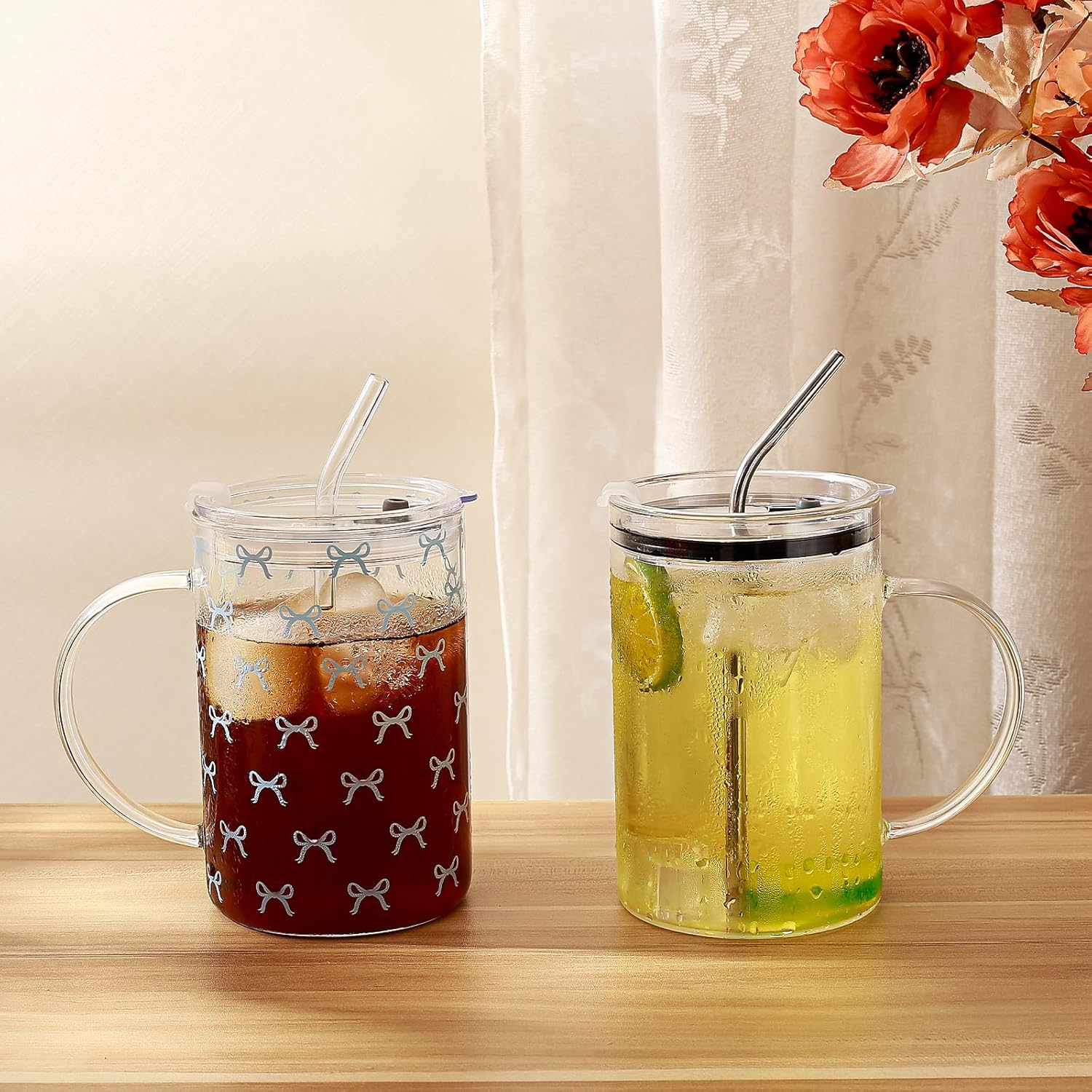 Koythin Glass Cups with Lids and Straws, Iced Coffee Cups with Lid for Tea Latte Juice Soda, High Volume Tumbler with Handle for Mom Women, Minimalist Glasses Water Bottles (Transparent Non-scaled) - Image 6