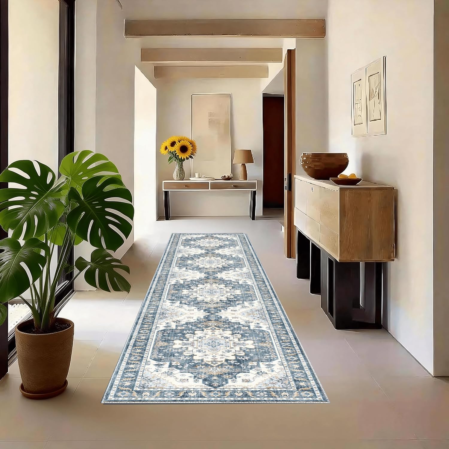 Bohemian Runner Rug, 2x10 Boho Hallway Runner, Non Slip Washable Kitchen Laundry Runner Rug, Living Room Entryway Runner for Home Decoration