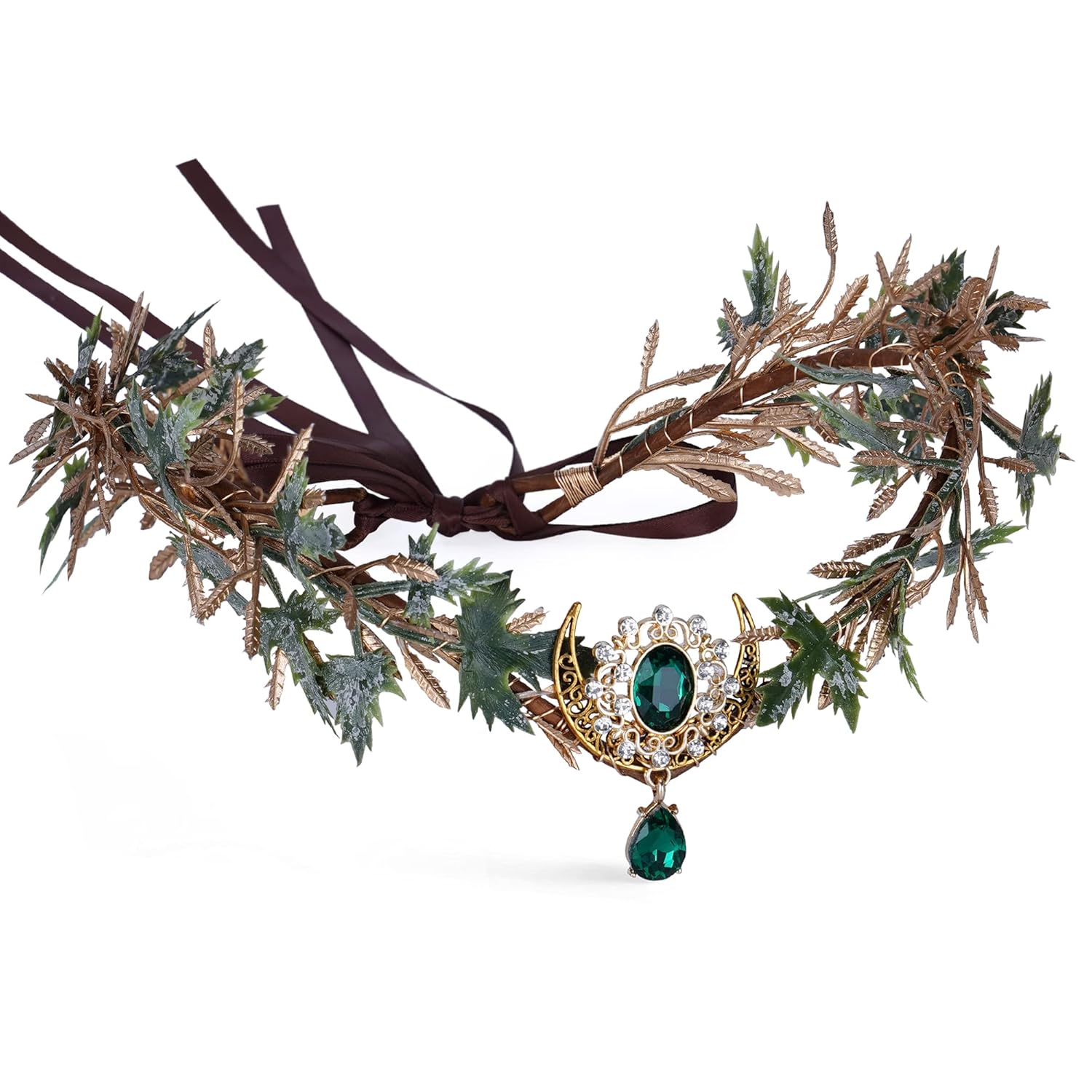 MOSTORY Woodland Elf Flower Crown - Renaissance Forest Fairy Headpiece Floral Headband Elven Leaf Cieclet for Women Renfaire Halloween Cosplay Fantasy Photo Shoot Emerald Gold