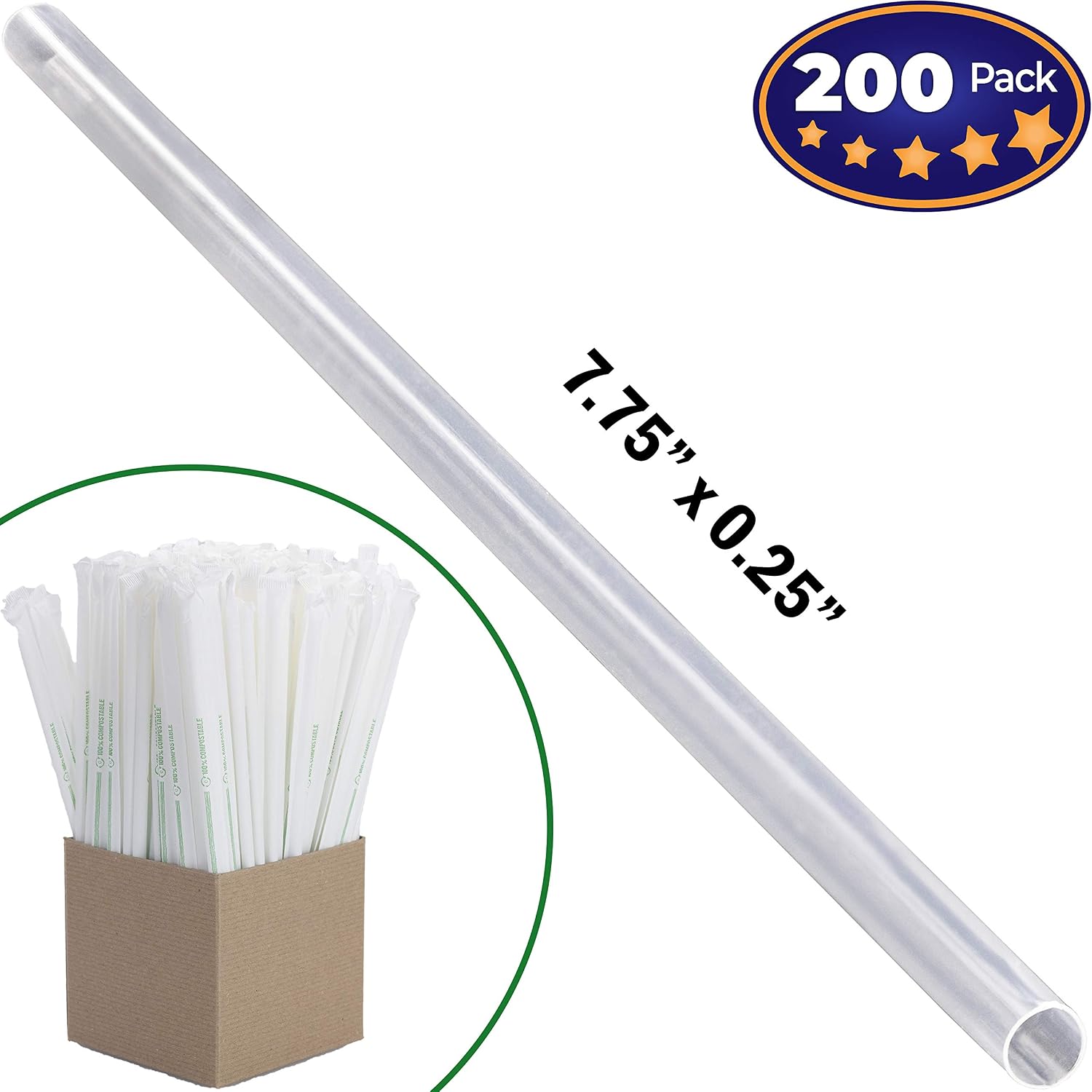 Clear Plastic Straws 200 Bulk Pack. Reduce Your Carbon Footprint With a Compostable, Plant-Based, Eco-Friendly Drinking Straw! Individually Wrapped, Proudly USA-Grown and No Petroleum!
