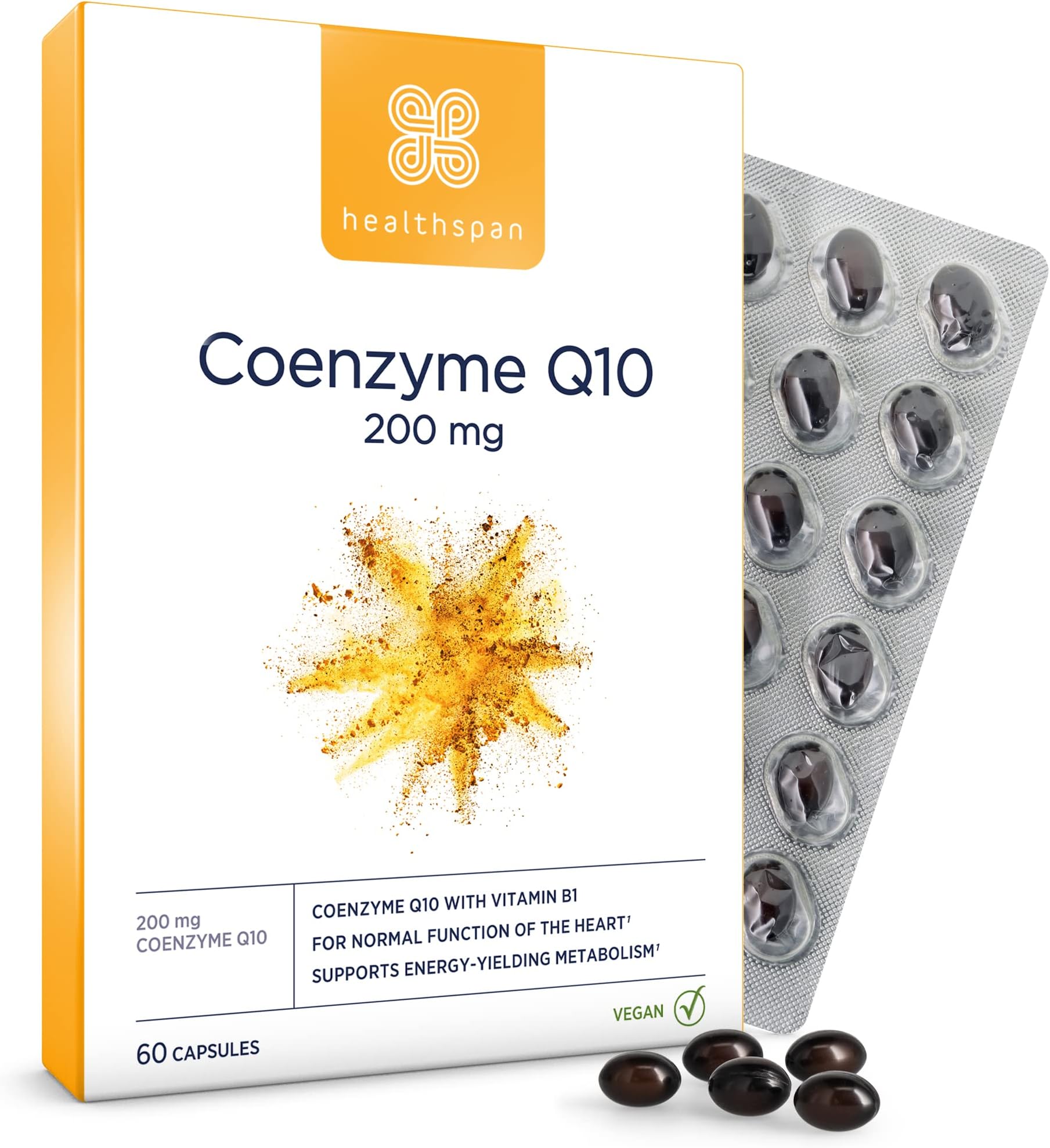 Healthspan Coenzyme Q10 200mg | 60 Capsules | Added Vitamin B1 | Heart Health & Energy Metabolism | Sunflower Oil Base | Vegan
