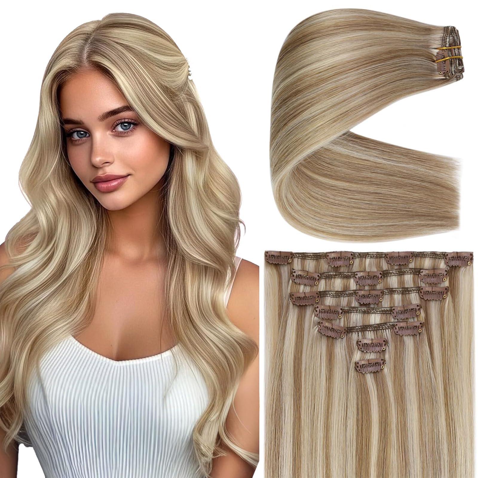 Ve Sunny Clip in Human Hair Extensions Highlights Clip in Hair Extensions Dark Ash Blonde Highlights Light Blonde Real Hair Extensions Clip in Human