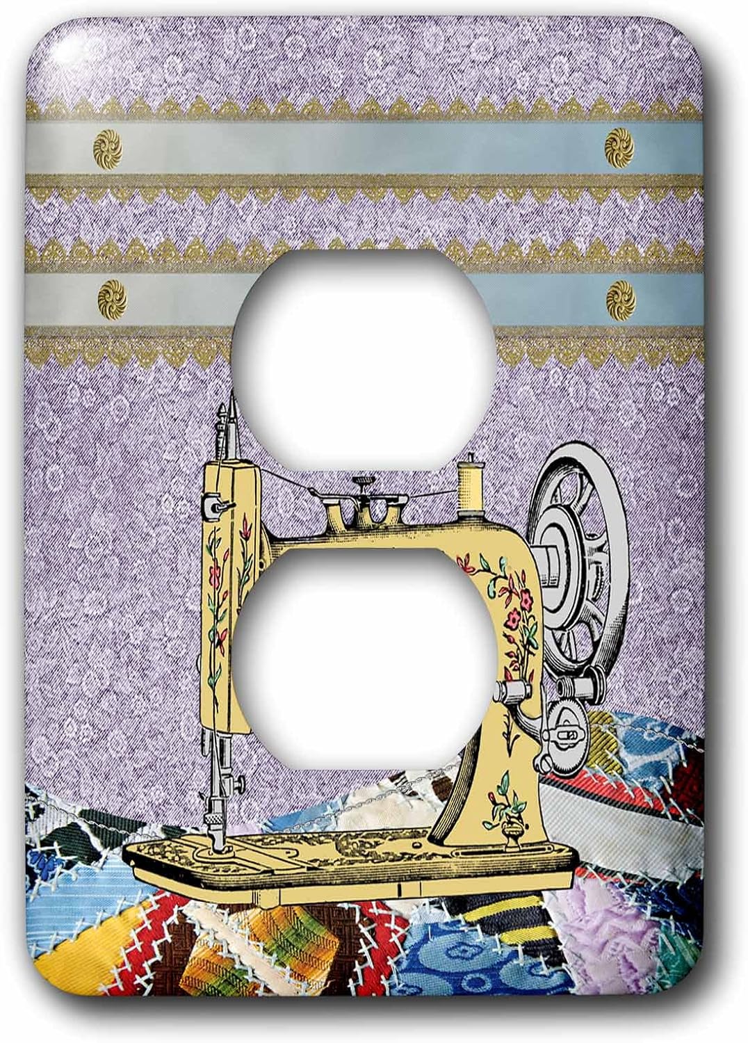 3dRose Vintage Flowered Yellow Sewing Machine with Colorful Quilt 2 plug outlet cover
