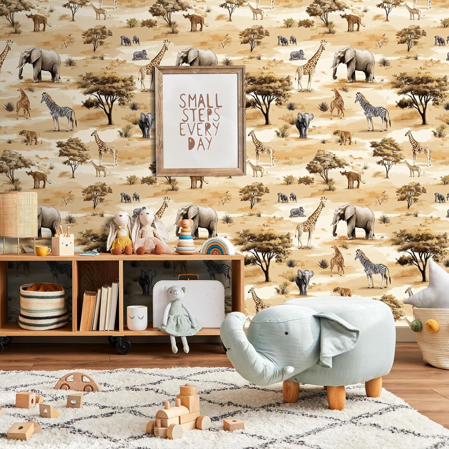 ReWallpaper 17.5inx23ft Wildlife Wallpaper Peel and Stick African Safari Animal Wall Mural Waterproof Jungle with Elephant Giraffe Zebra Accent Wall Decor Living Room Bathroom Nursery Office Classroom