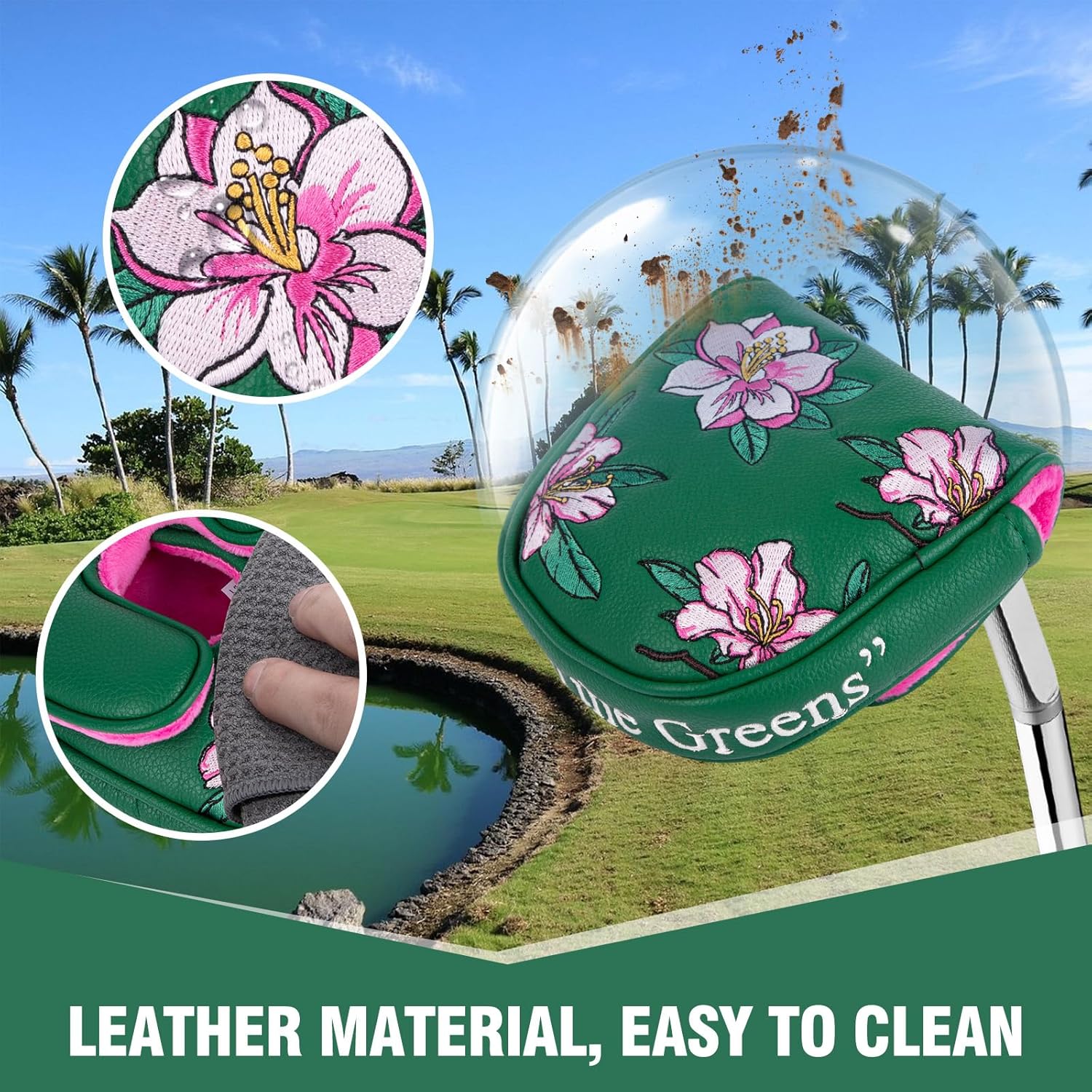 Golf Putter Covers DF3 Putter Headcover Azalea Embroidery Mallet Putter Covers with Magnetic Closure fit lab DF3 Putter, Green