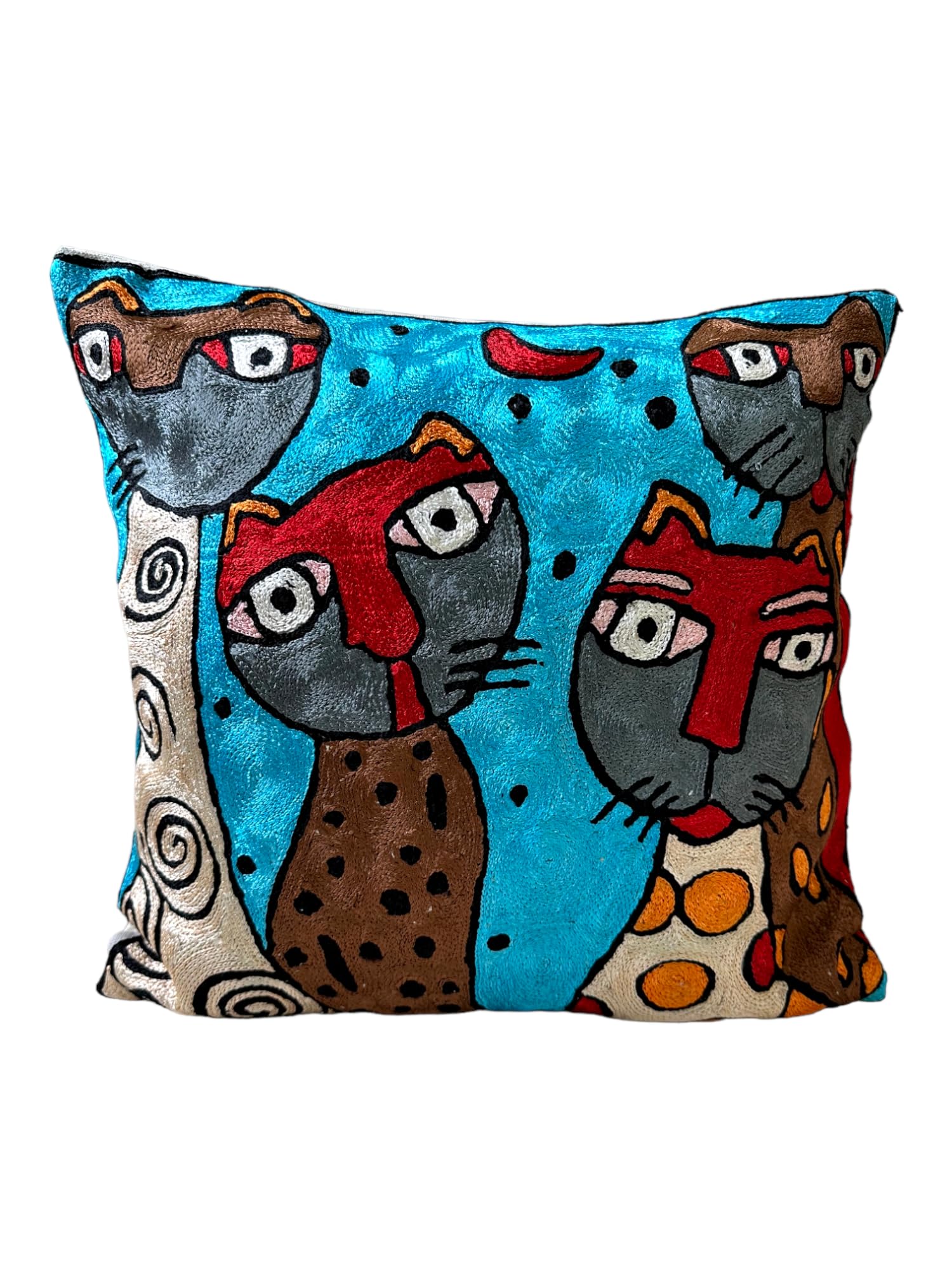 Khan Handicrafts Elevate Your Pure Home and Living with Luxurious Decorative Unique Cat Design Hand Embroidered Silk and Beaded Cushion Covers 16inch x 16 Inch Silver & Sky Blue