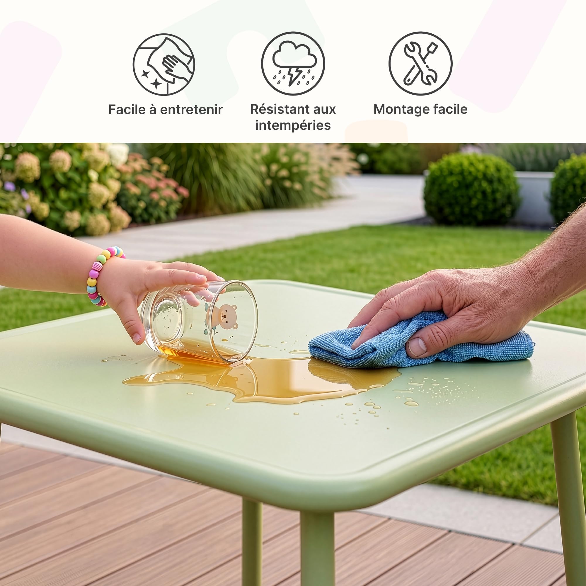 casa.pro Ensemble de Table et 2 Chaises pour Enfants Extérieur Intérieur Jardin Résistant Bords Arrondis Pieds Antidérapants pour Manger Jouer Acier Bleu Ciel Rose Pêche Vert Sauge