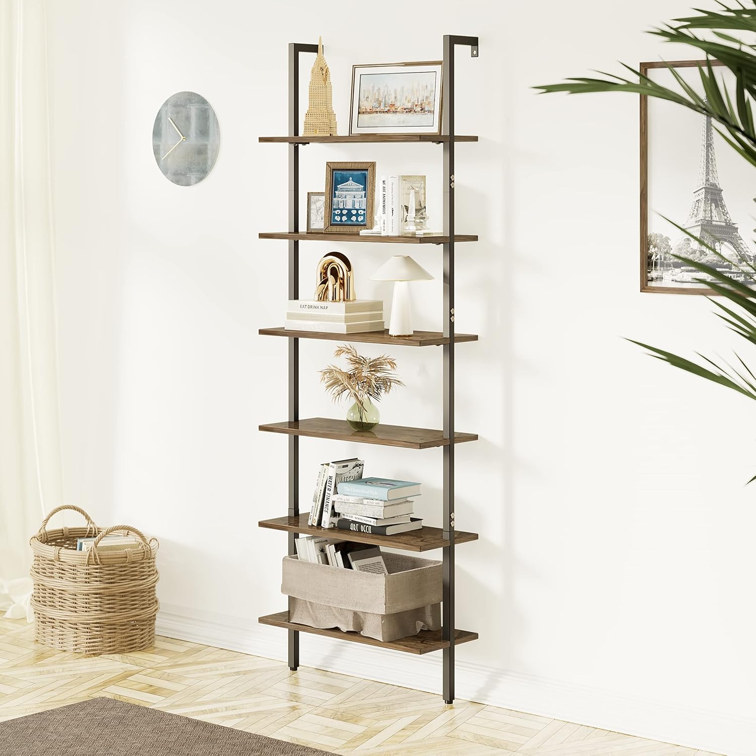 Wolawu Ladder Shelf Black 6 Tiers Modern Bookshelf Room Organizer Open Tall Wall Mount Bookcase Standing Leaning Wall Shelves Industrial Decorative Living Room Bed Room (Brown) 6-tiers Brown 1 PC 23.6IN