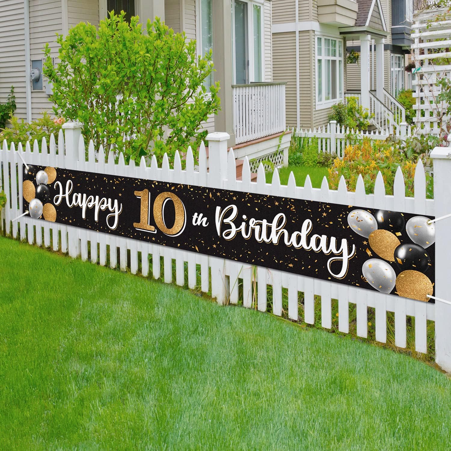 Happy 10th Birthday Decorations,10th Black & Gold Balloon Large Birthday Hanging Banner Sign,Cheers to Ten Years Old Bday Party Supplies.