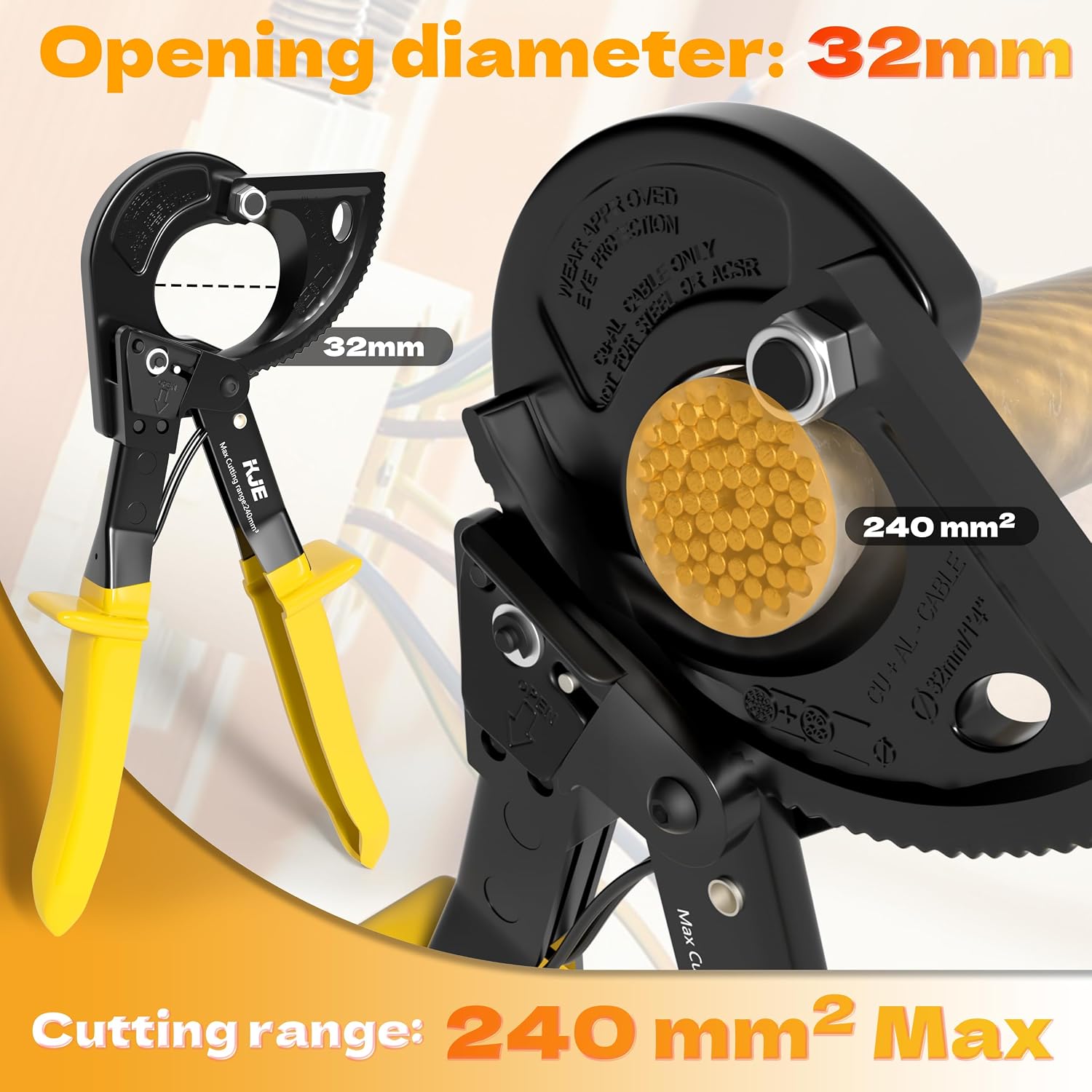KJE Cable Cutters Ratcheting Cable Cutters and Aluminum Copper Wire Cutters Heavy Duty, Wire Cutters Electrical for Cutting Aluminum Copper Soft Wire Up to 240mm² Cutter Pliers
