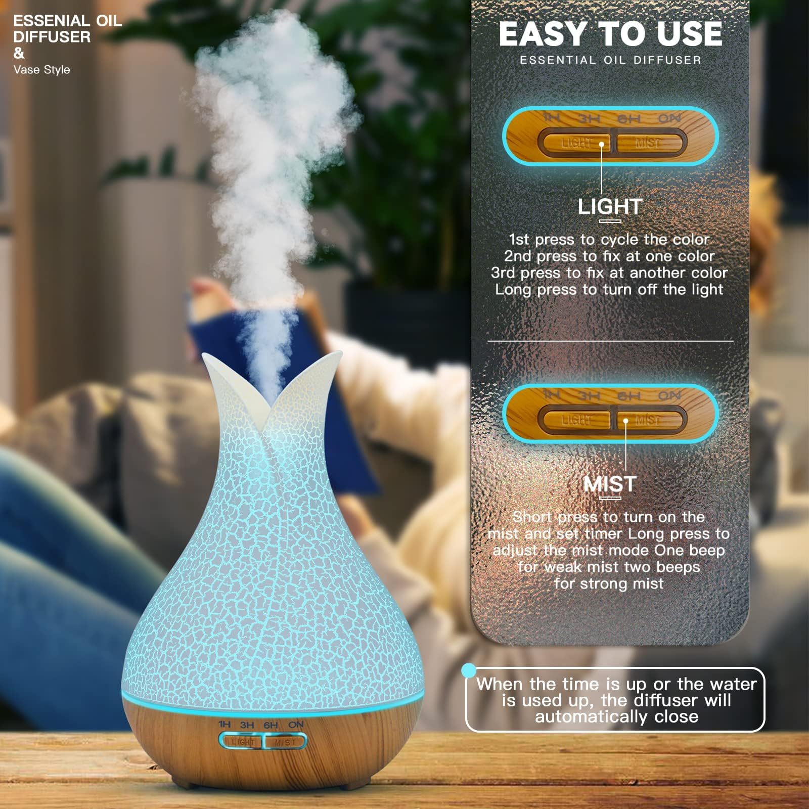Diffusore di OLI essenziali, diffusore di aromaterapia a ultrasuoni da 500 ml con 7 luci d'ambiente 4 Timer telecomando autospegnimento Senza acqua, diffusori umidificatore per la casa Grande Stanza