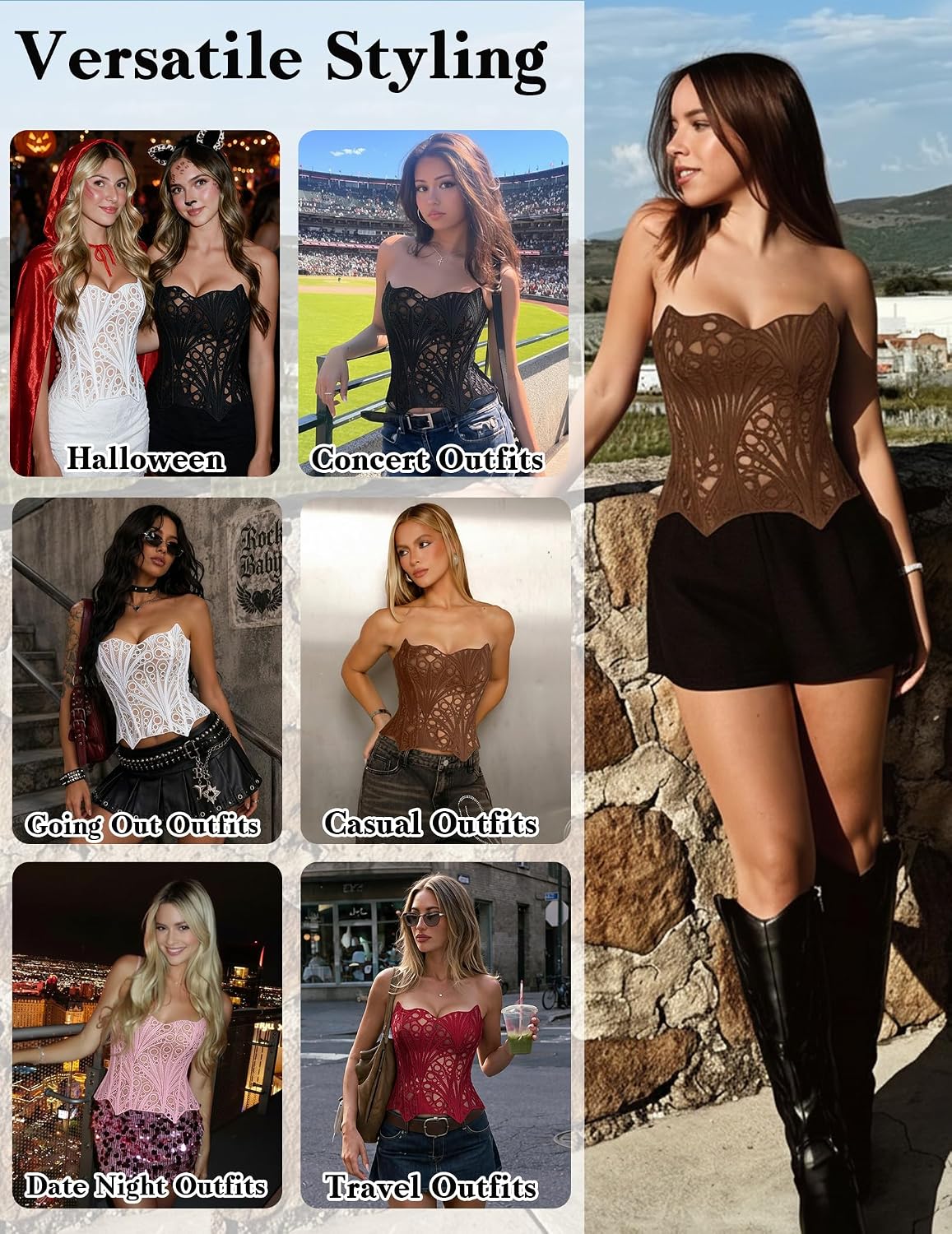 Brown Corset Top Women's Exotic Bustiers Boned Sexy Lace Tops Lace Up Y2k