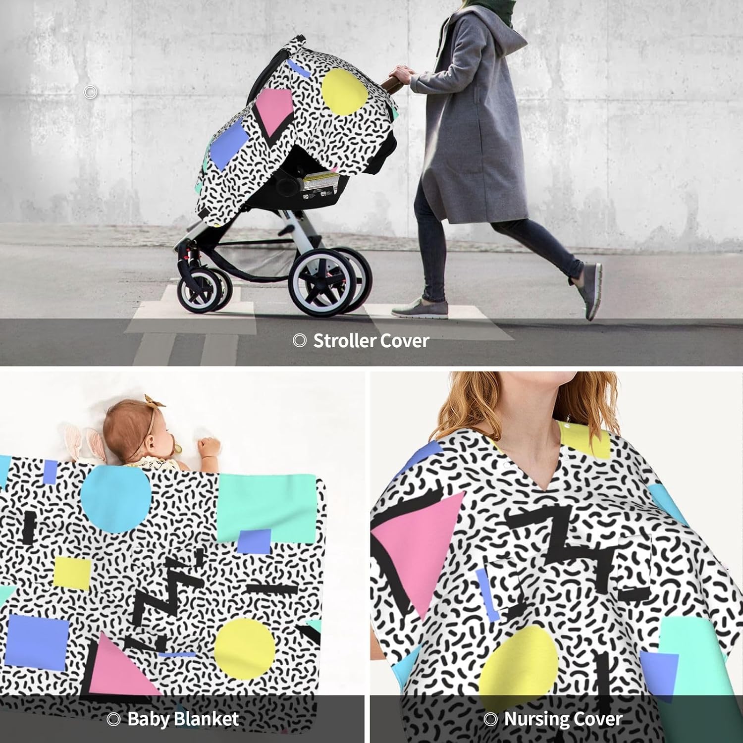 Funny Retro 80s 90s Baby Car Seat Cover & Nursing Cover - Breathable Stretch Multi-Use Cover for Breastfeeding, Stroller Sunshade & Infant Carrier