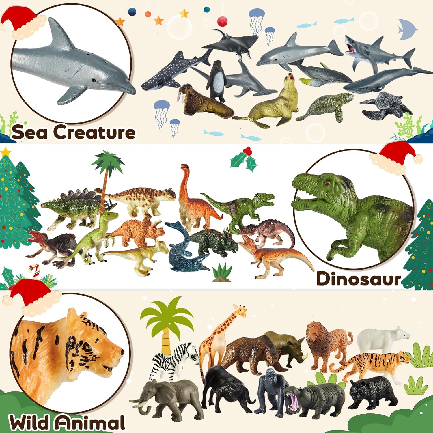 HYAKIDS 12 Dinosaur Toys, 12 Ocean Animals Toys, 12 Zoo Animals, Plastic Mini Animals Set, Cake Topper Party Favor Gifts for Kids, 36 PCS