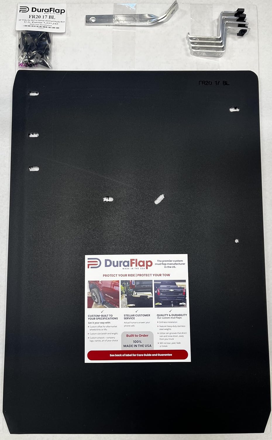 Drill-Less Mud Flaps Ford F350&F450 dually Trucks, 2017-2024 Years. FR20 17 SS NB BL, Standard Length Flaps, Mirror Finished Weights in Blackline Shape.
