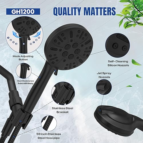 Miniatura 7 de Gh1200 Cabezales de ducha de 10 modos con combo de rociador de mano, filtro de ducha integrado, cabezal de ducha con manguera y soporte. Cabezales