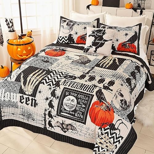 Miniatura 3 de EVENHUG Juego de edredón de Halloween tamaño King con fundas de almohada, juegos de ropa de cama con temática de festivales, cubrecama de fantasma y