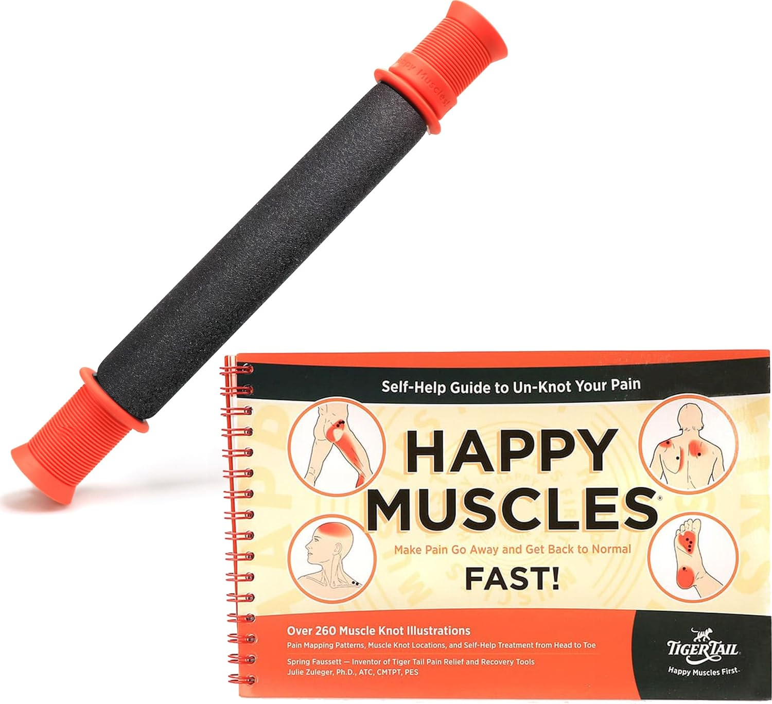 Tiger Tail Bundle: 11in Portable Massage Stick Portable Roller + Happy Muscles Book