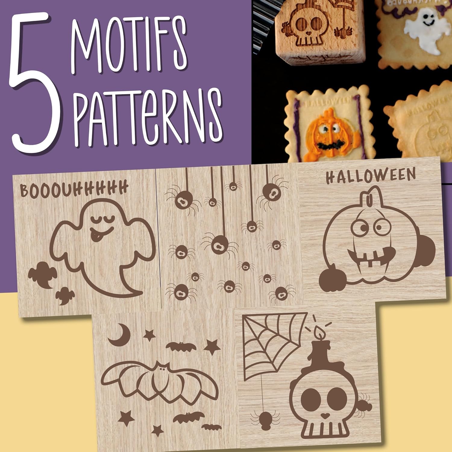 ScrapCooking 5298 Wooden Pastry Stamp with Halloween Motif with 1 Cookie Cutter and Cube Cutter with 5 Embossed Sides - Magic Decoration Mould for Birthday