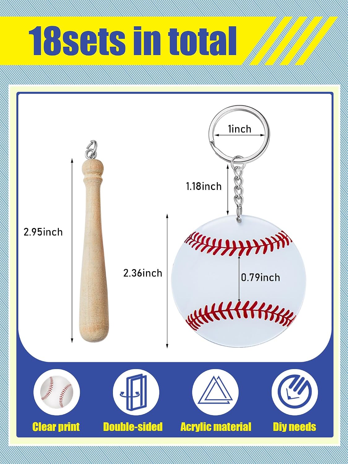 Taiyin 18 Sets Baseball Softball Acrylic Keychain Bulk DIY Ball Bag Tag Sports Party Favors Mini Ball Charms for Team Gifts(White,Baseball)