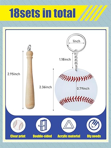 Miniatura 2 de Taiyin Juego de 18 llaveros acrílicos de béisbol y sóftbol con bate de madera en miniatura para bricolaje y deportes de fiesta (estilo béisbol)