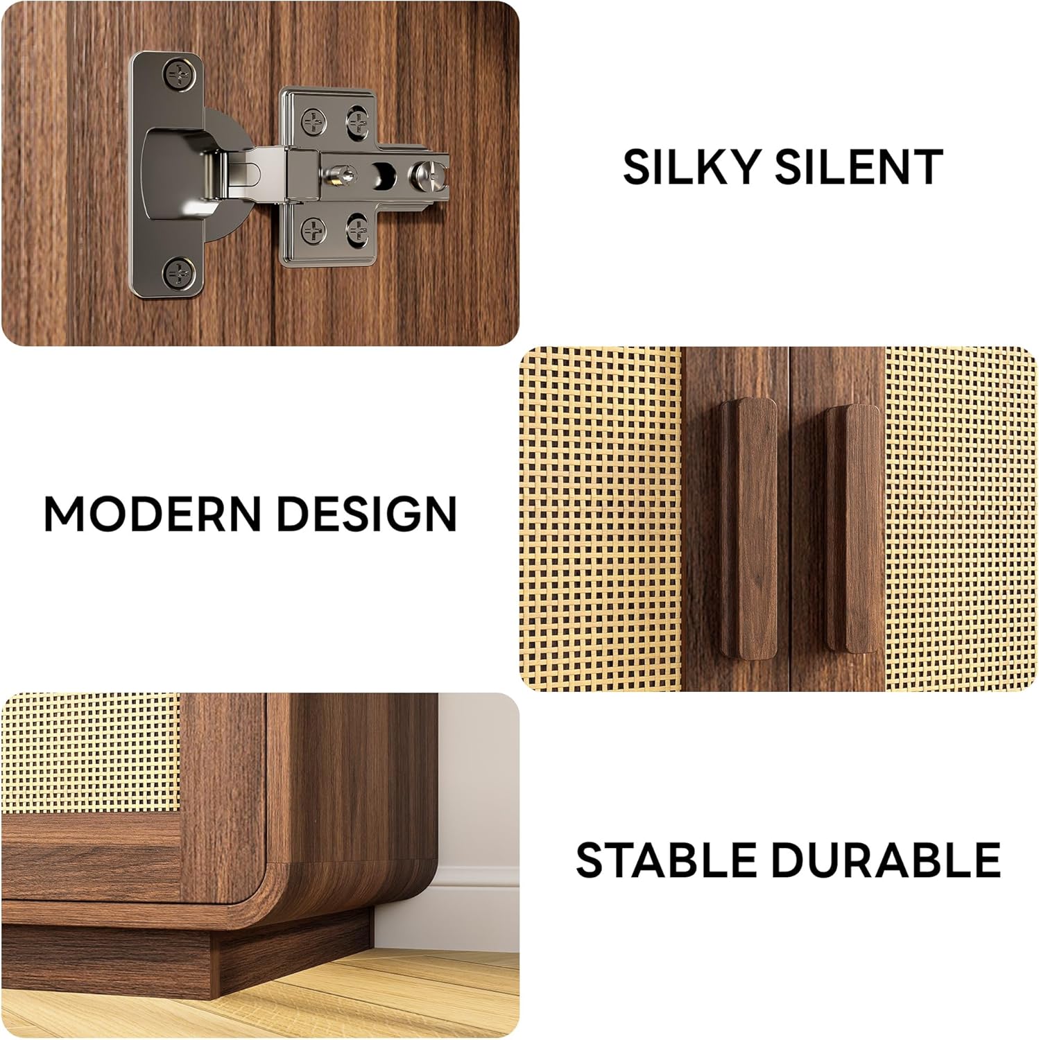 LIKIMIO Rattan Cabinet with LED Lights & Power Outlet, Curved Design Sideboard Buffet, 2 Doors Adjustable Shelves for Coffee Bar Kitchen Living Room, Vintage Brown