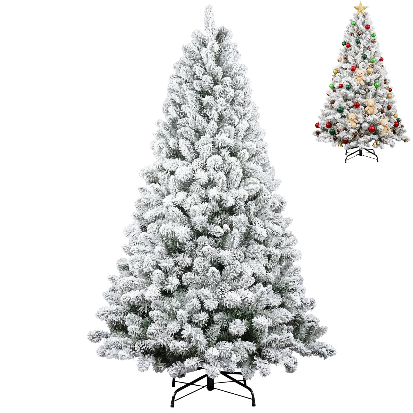 6Ft Flocked Christmas Tree,Realistic Snow-Covered Artificial Xmas Tree with Hinged Branches for Easy Setup,w/1200 Snow Flocked Branch Tips for Home,Office,Party Decoration