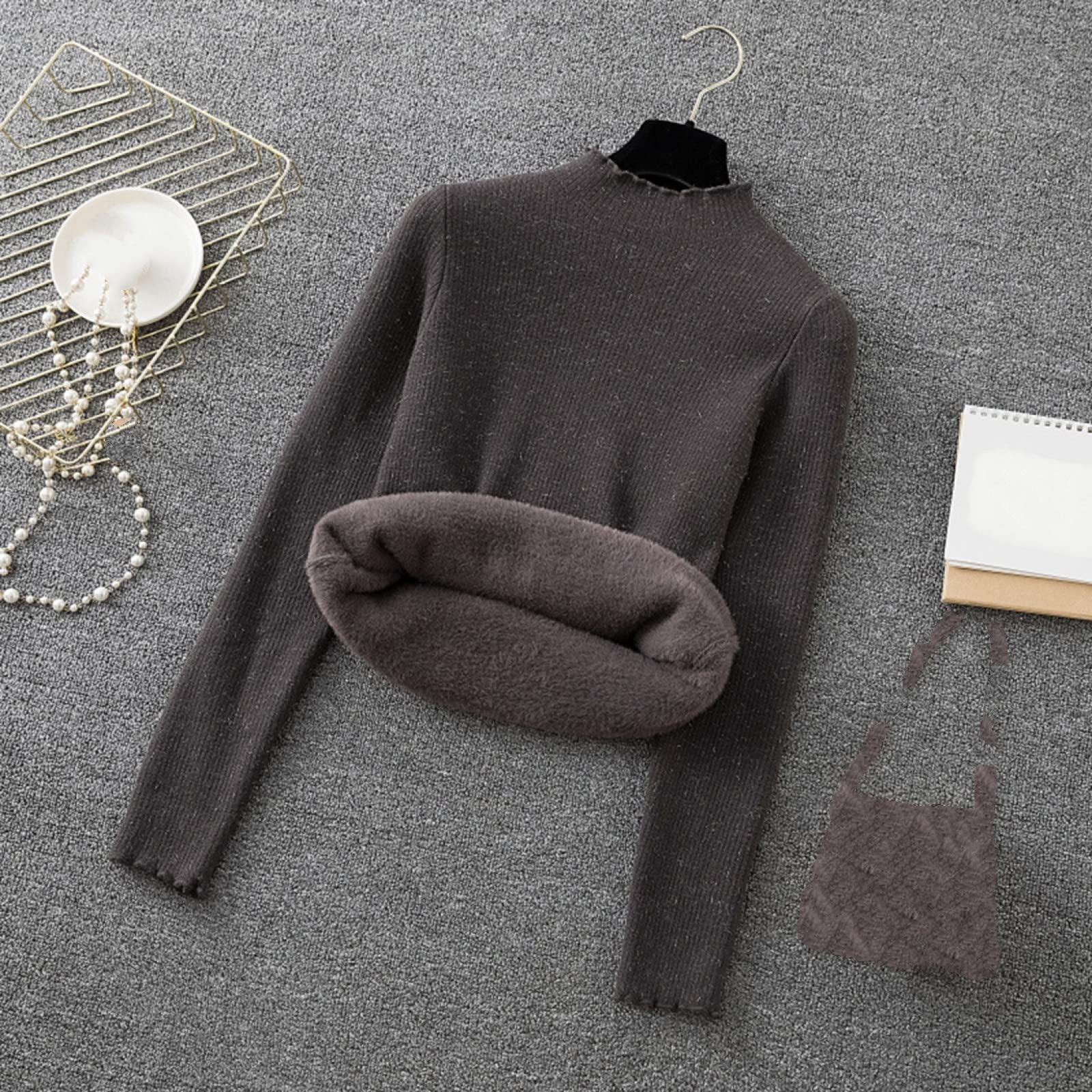 Suéter De Invierno Para Mujer - Señoras De La Moda Más Suéter Grueso De Terciopelo Color Puro Otoño E Invierno Jersey De Punto De Medio Cuello Alto Delgado Manga Larga Estiramiento Suave Calid
