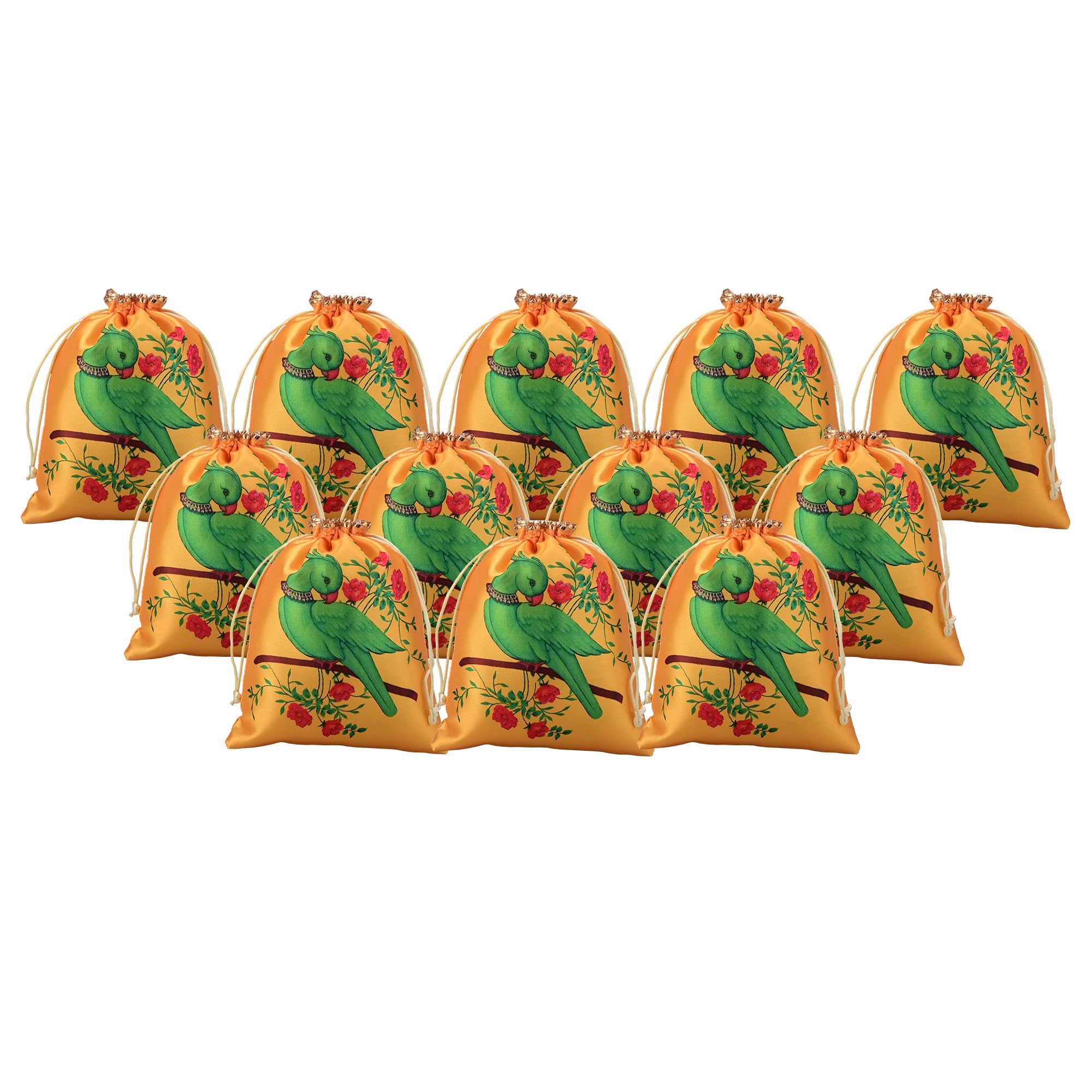 Kuber Industries 12 Pcs Satin 7x9 Inch Potli Bags for Women | Wedding Return Gift Potli | Ladies Potli Pouches for Party, Birthday, Shagun | Drawstring Jewellery Pouch | Parrot Design - Yellow