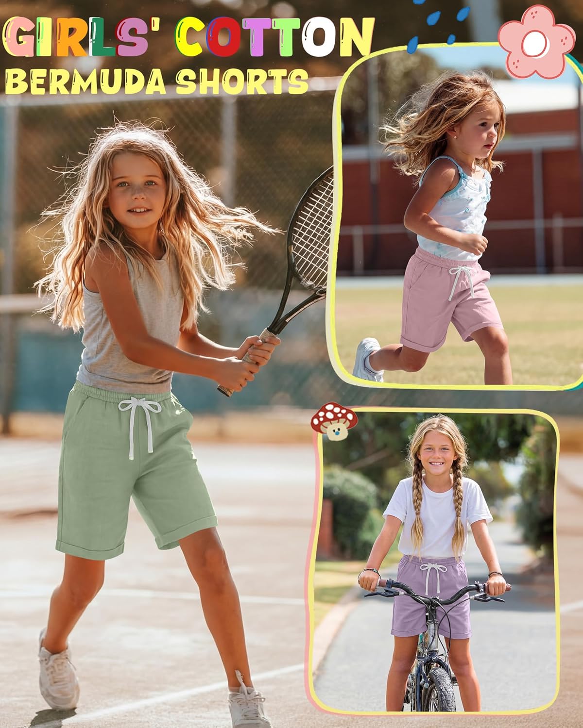 3 Pack Girls' Bermuda Shorts 5-14Y Kids Cotton Wide Leg Cargo Shorts High Waist Casual Summer Clothes with Pockets