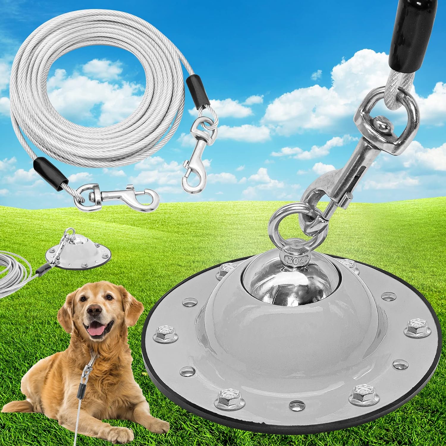 PNBO 360° Swivel Dog Tie Out Cable and Stake,Dog Runner for Yard with 30ft Dog Chains for Outside,Outdoor Rust Proof Dog Anchor Holds…