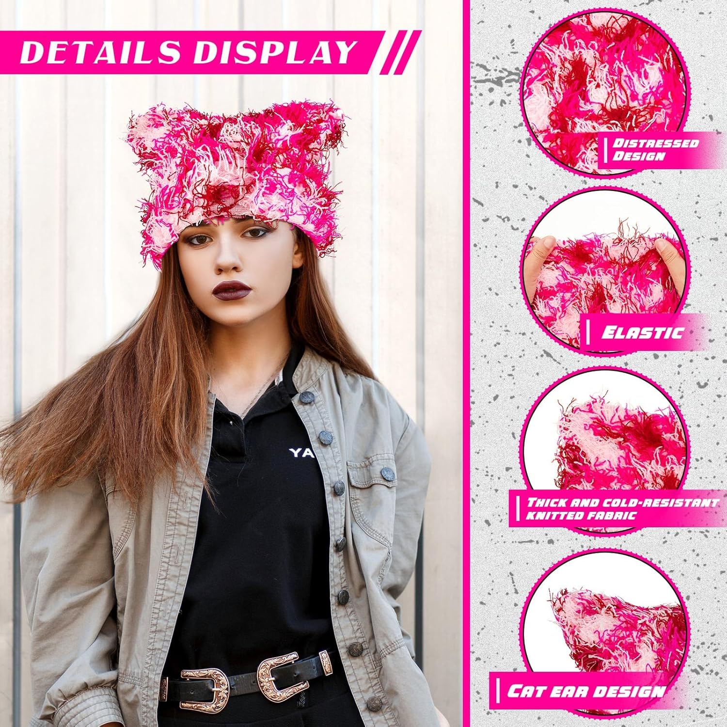 Chuarry Distressed Knitted Cat Ear Beanie Y2K for Women Men Vintage Crochet Hat Thick Slouchy Warm Cat Ear Hat Winter Outdoor - Image 3