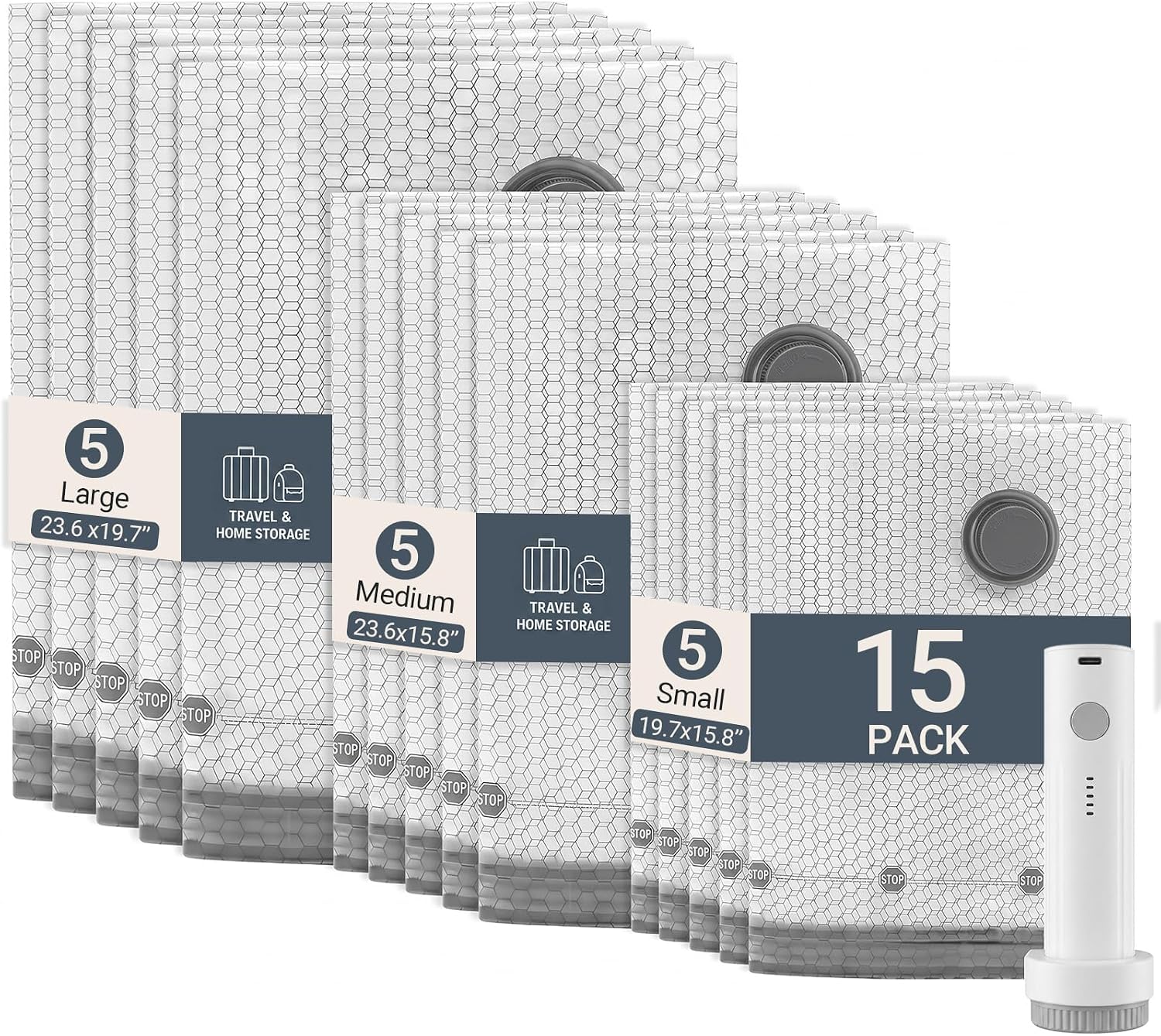 Vacuum Bags For Travel With Pump, 15 Pack Compression Bags For Travel And Home Storage, Space Saving Vacuum Bags For Clothes, Reusable Storage Bags For Luggage, Closet And Bedding