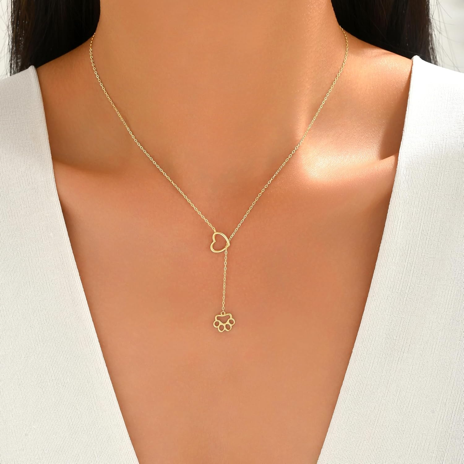 LOVECOM 925 Sterling Silver Lariat Big Cat Dog Puppy Pet Paw Print Necklaces for Women 14k Gold Plated Heart Y Choker Necklace Cute Animal Paw Adjustable Drop Long Chain Necklace Jewelry Gifts