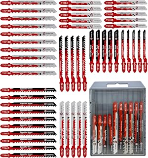 50PCS T-Shank Jigsaw Blades Set - FOCSTOL HSS/HCS Jig Saw Blades for Cutting Metal, Wood and Plastic (T118A,T118B,T127D,T119B,T119BO,T101BR,T144D,T244D)