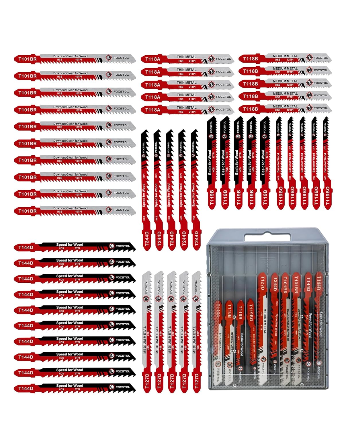 50PCS T-Shank Jigsaw Blades Set - FOCSTOL HSS/HCS Jig Saw Blades for Cutting Metal, Wood and Plastic (T118A,T118B,T127D,T119B,T119BO,T101BR,T144D,T244D)