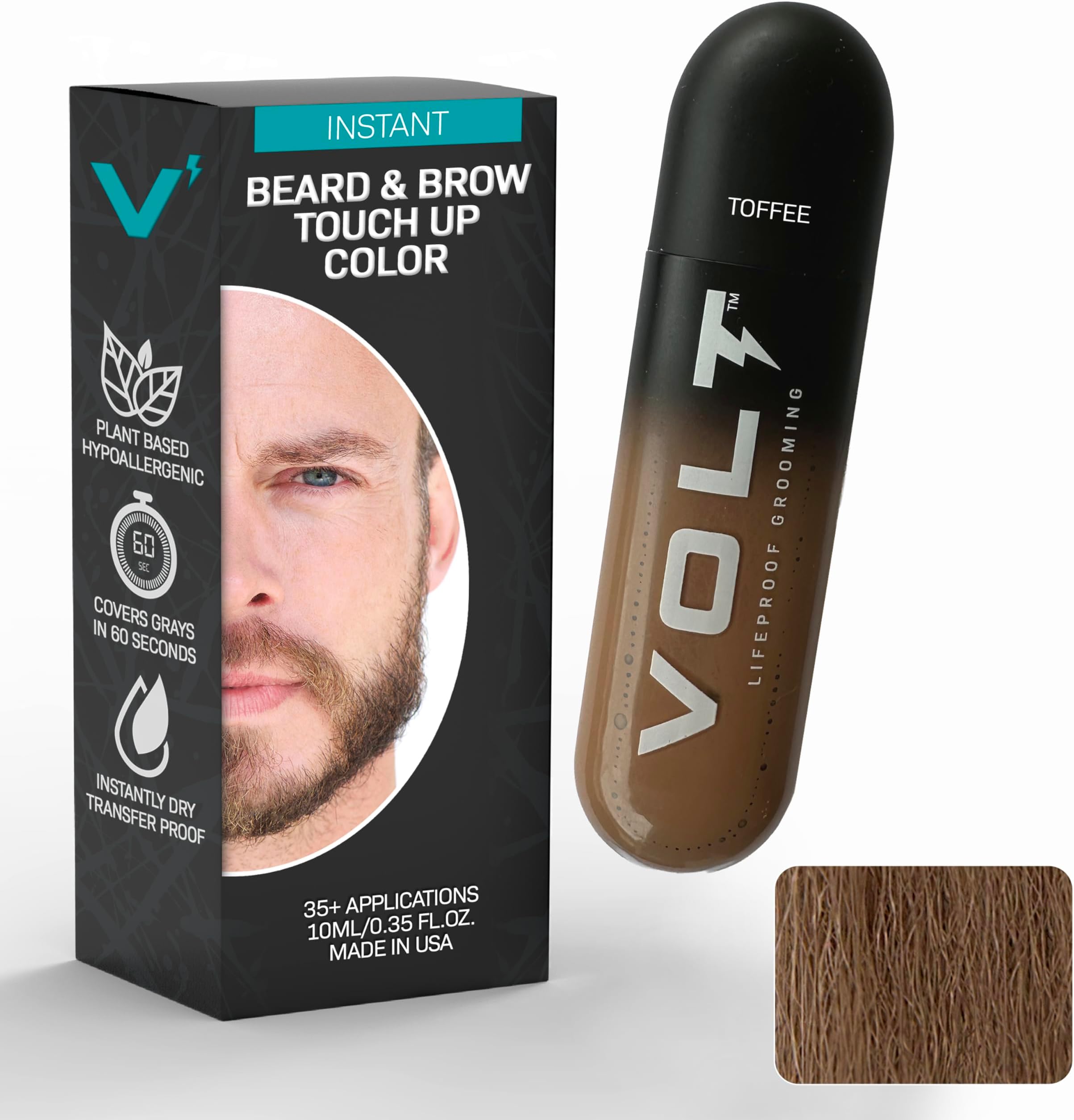 VOLT Grooming Temporary Instant Beard Color for Men, Quick Drying Plant-Based Brush On Beard, Hair, Mustache & Eyebrow Color, Safe for Sensitive Skin, Light Brown, 1 Pack, Up to 35 Applications