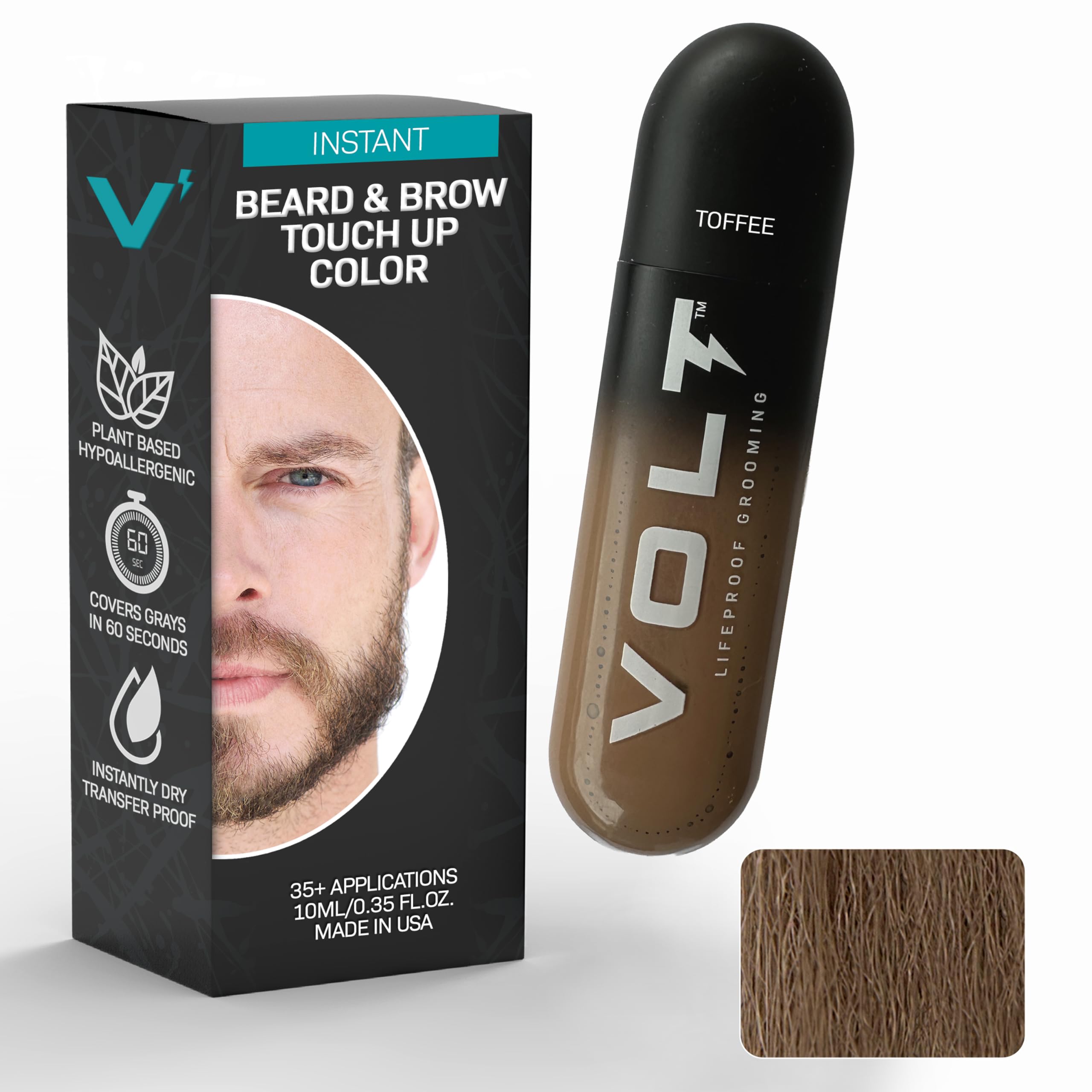 VOLT Grooming Temporary Instant Beard Color Single Pack - Quick Drying Plant Based Hypoallergenic Brush on Color for Beards, Mustaches, and Eyebrows - 0.35 Fl Oz (10 ml), Toffee (Light Brown)