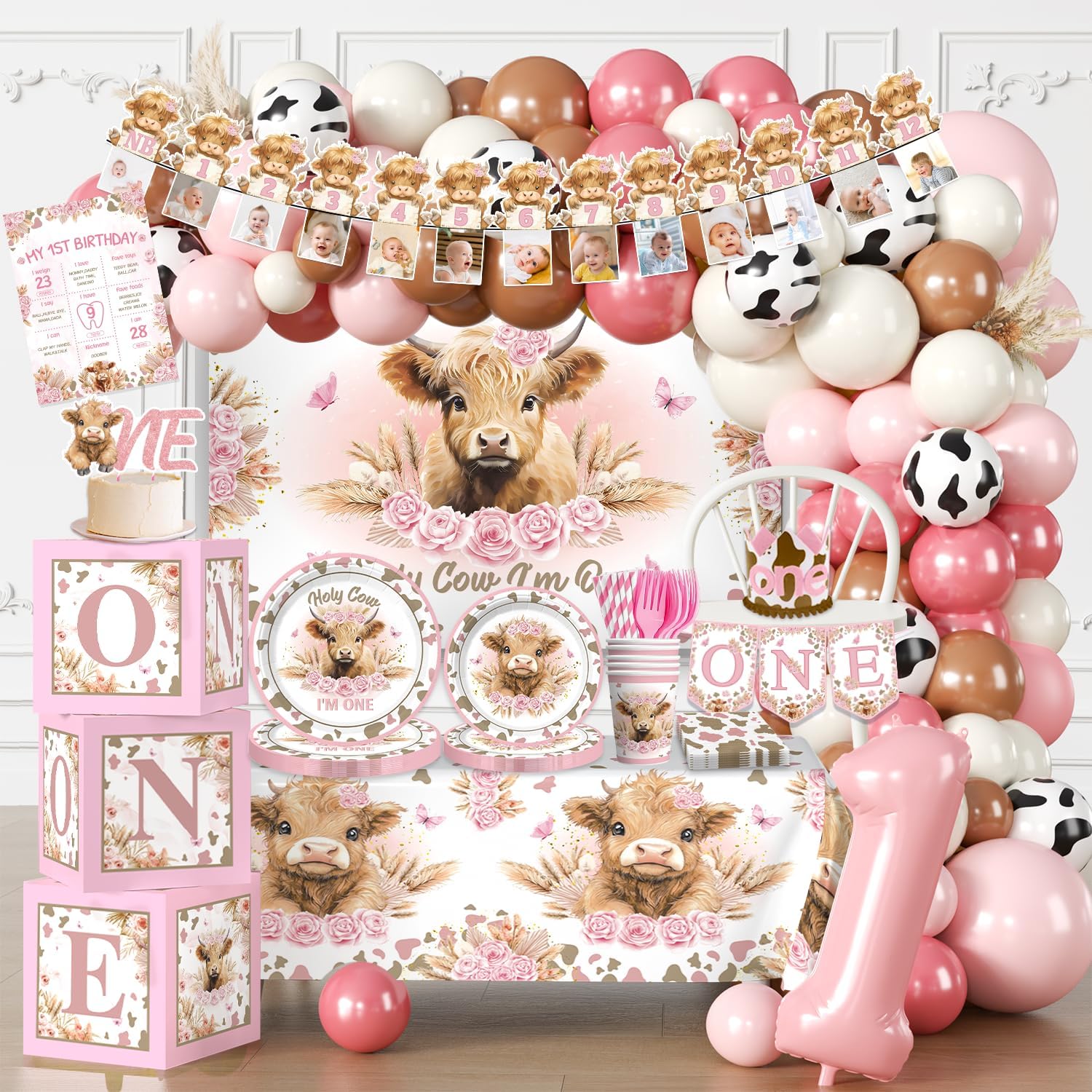 cocomigo 254pcs Holy Cow I'm One Birthday Decorations Complete Party Set, Highland Cow 1st Birthday Decorations Girl, for Cow Theme Girl 1st Party Supplies Serves 20 Guests
