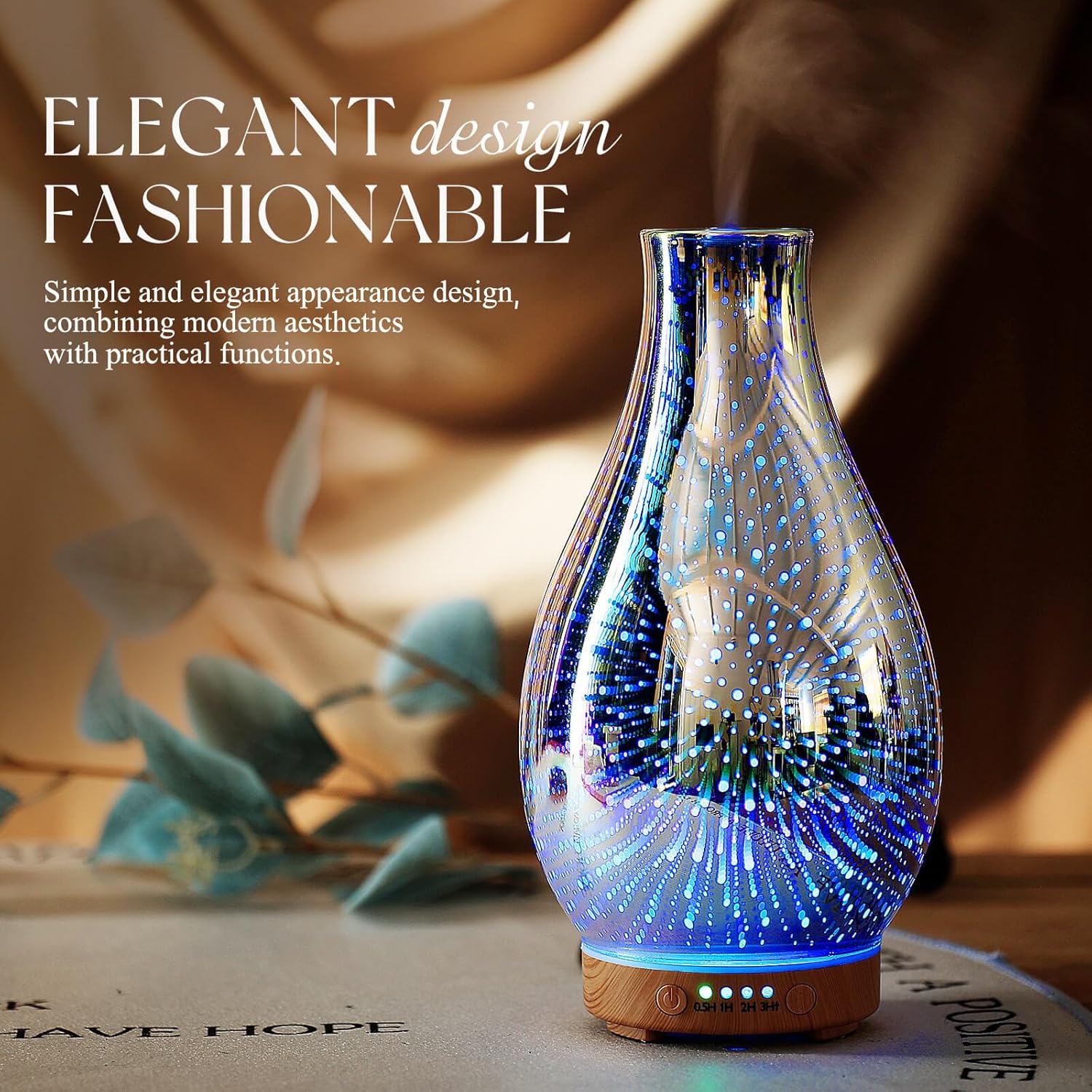 Porseme Essential Oil Diffuser 3D Glass Aromatherapy Ultrasonic Humidifier Cool Mist, Auto Shut-Off, Timer Setting, BPA Free for Home Office Hotel Yoga Gym Leisure SPA Gift 100ml