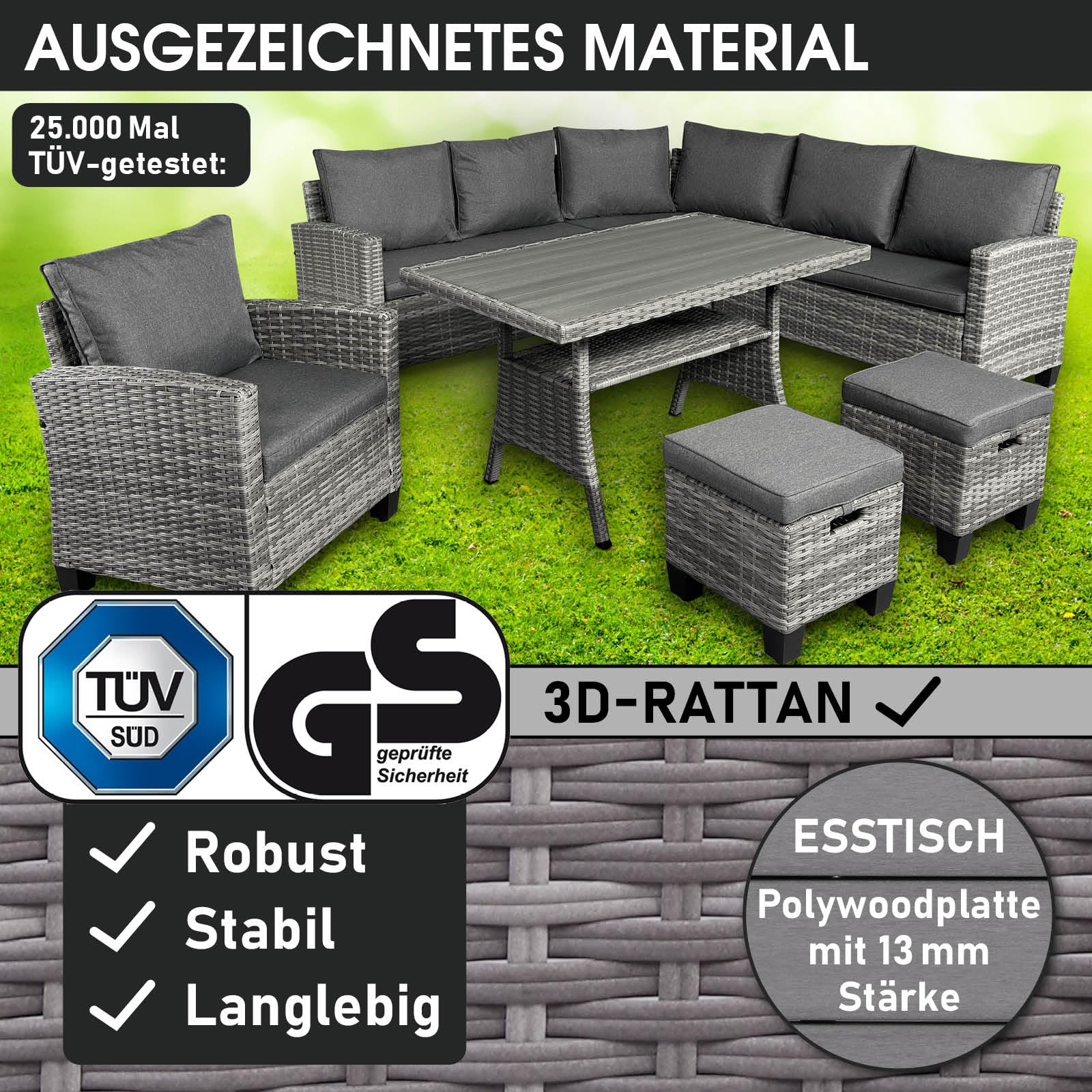 BRAST Gartenmöbel Set Hacienda | bis zu 10 Personen viele Farben | inkl. Kissen & Abdeckung | TÜV geprüft | Outdoor Loungemöbel Sitzgruppe Essgruppe Garnitur | Grau/Anthrazit