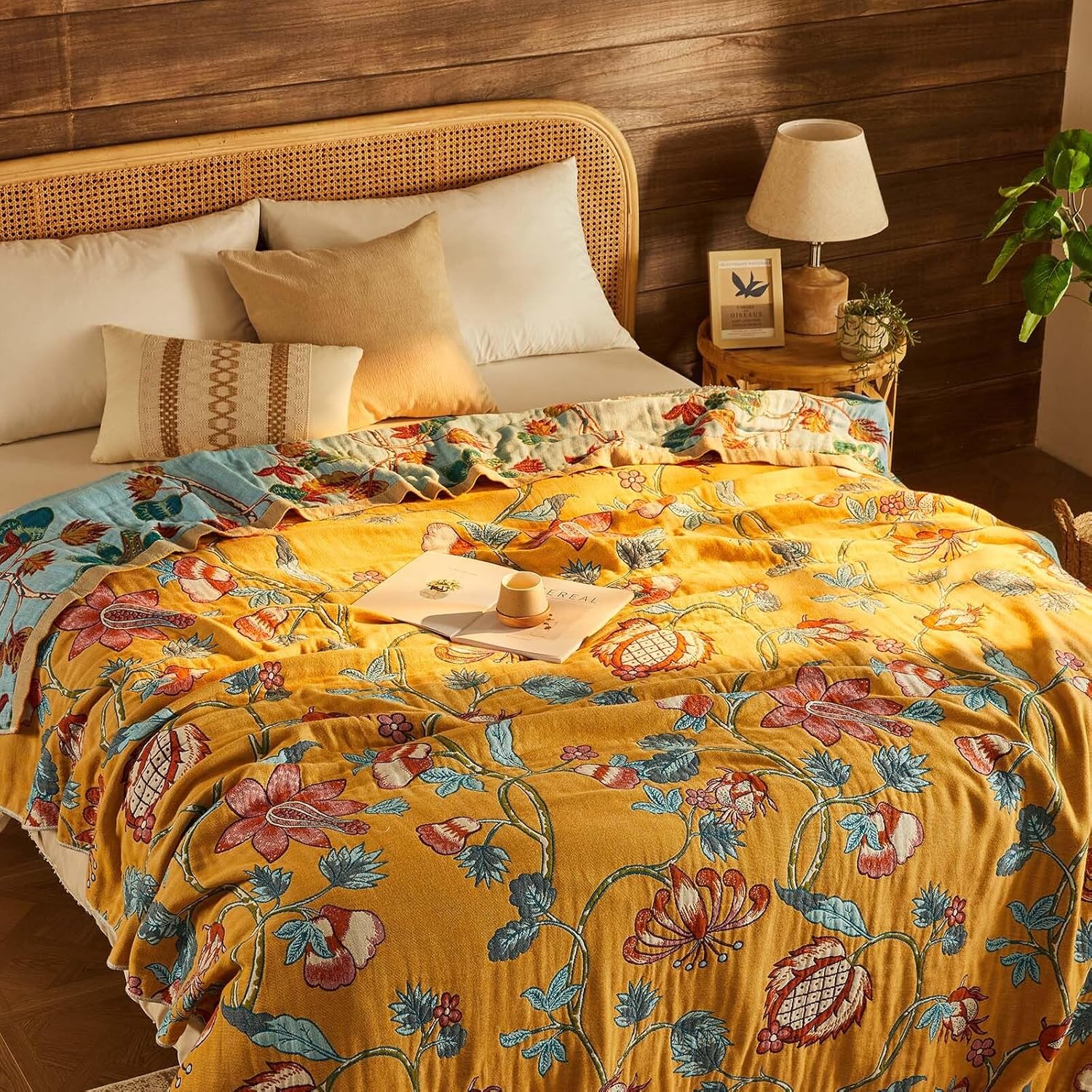 Boho Blanket Soft Muslin Boho Throw Blanket 100% Cotton Blanket All Seasons Reversible Rustic Floral Printed Vintage Rustic Farmhouse Decor Throw for Sofa Couch Chair (Yellow, 90"x98")