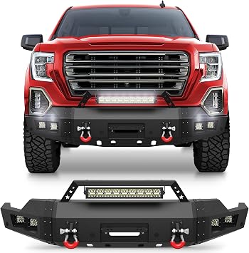 Steel Front Bumper for 2019-2022 GMC Sierra 1500 | 2019 Not Fit Limited, 2022 Only Fit Limited, Textured Black Truck Bumper w/Winch Plate, Lights, D-rings, License Plate Mount